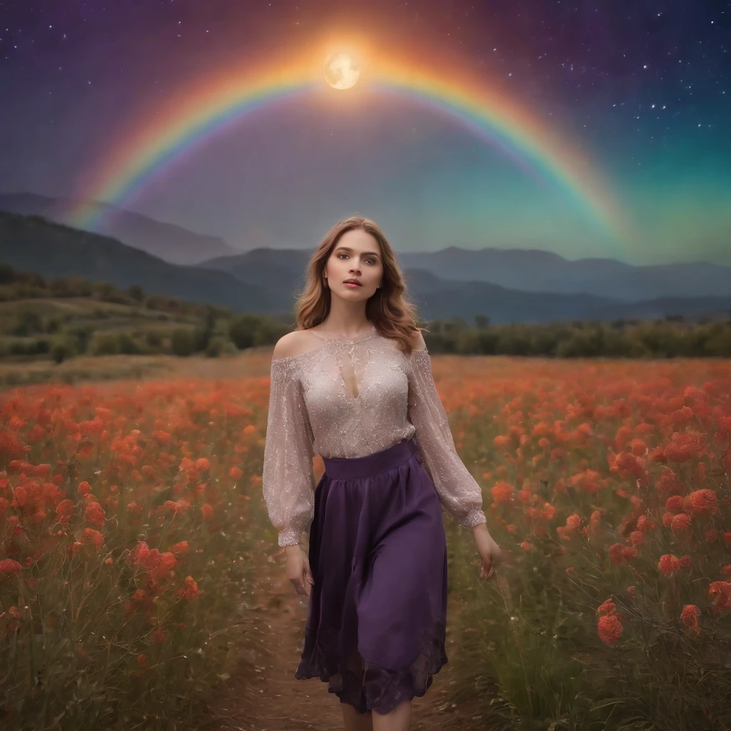 A wide landscape photo, (viewed from below, the sky is above, and the open field is below), a girl standing on a flower field looking up, (full moon: 1.2), (meteor: 0.9), (nebula: 1.3), distant mountains , Trees BREAK Crafting Art, (Warm Light: 1.2), (Firefly: 1.2), Lights, Lots of Purple and Orange, Intricate Details, Volumetric Lighting BREAK (Masterpiece: 1.2), (Best Quality), 4k, Ultra Detailed, (Dynamic Composition: 1.4), Rich in Detail and Color, (Rainbow Color: 1.2), (Glow, Atmospheric Lighting), Dreamy, Magical, (Solo: 1.2)
