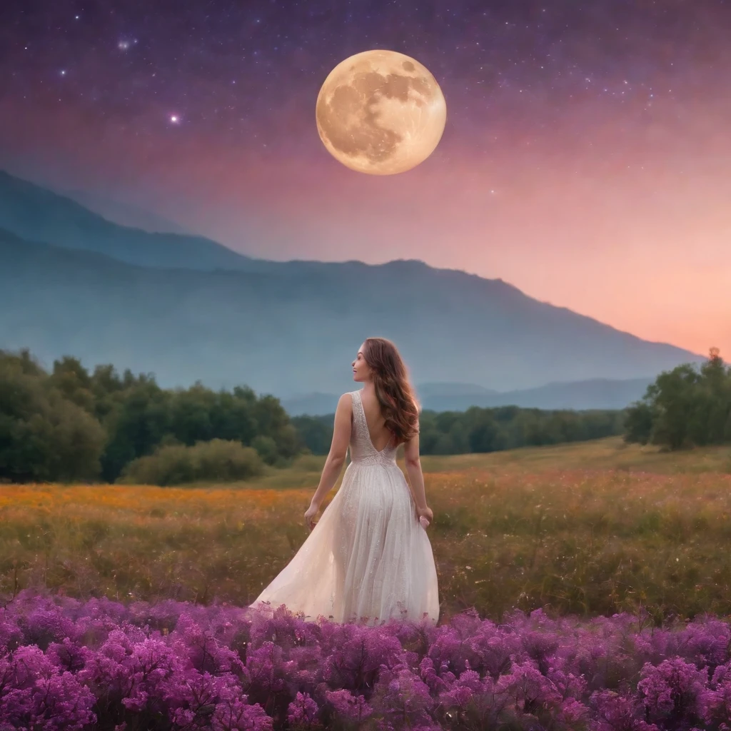 A wide landscape photo, (viewed from below, the sky is above, and the open field is below), a girl standing on a flower field looking up, (full moon: 1.2), (meteor: 0.9), (nebula: 1.3), distant mountains , Trees BREAK Crafting Art, (Warm Light: 1.2), (Firefly: 1.2), Lights, Lots of Purple and Orange, Intricate Details, Volumetric Lighting BREAK (Masterpiece: 1.2), (Best Quality), 4k, Ultra Detailed, (Dynamic Composition: 1.4), Rich in Detail and Color, (Rainbow Color: 1.2), (Glow, Atmospheric Lighting), Dreamy, Magical, (Solo: 1.2)