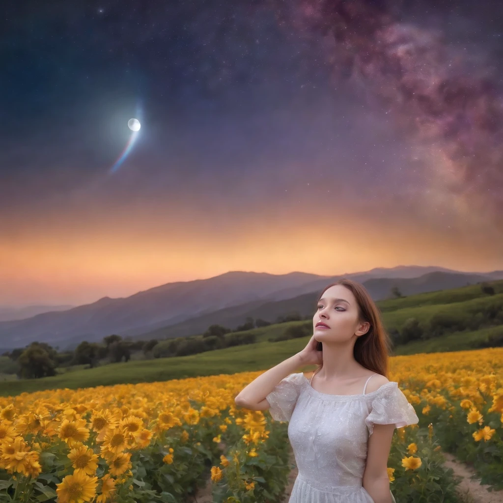 A wide landscape photo, (viewed from below, the sky is above, and the open field is below), a girl standing on a flower field looking up, (full moon: 1.2), (meteor: 0.9), (nebula: 1.3), distant mountains , Trees BREAK Crafting Art, (Warm Light: 1.2), (Firefly: 1.2), Lights, Lots of Purple and Orange, Intricate Details, Volumetric Lighting BREAK (Masterpiece: 1.2), (Best Quality), 4k, Ultra Detailed, (Dynamic Composition: 1.4), Rich in Detail and Color, (Rainbow Color: 1.2), (Glow, Atmospheric Lighting), Dreamy, Magical, (Solo: 1.2)