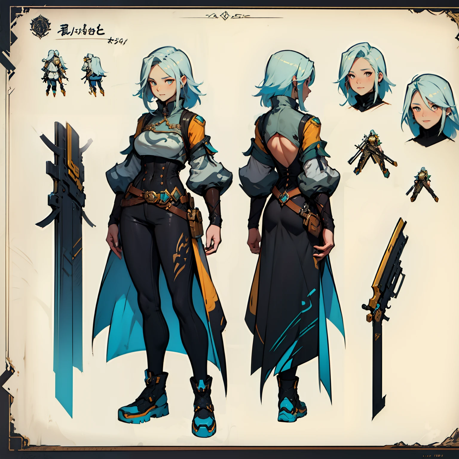 Close-up of a girl in a gun costume, ((character concept art)), ((character design sheet, same character, front, side, back)) maple story character art, video game character design, video game character design, maple story gun girl, expert high detail concept art, metal bullet concept art, funny character design, Lucio as a woman, gravity rush inspiration, sticky tar. Concept art, belt buckle at waist, steampunk weapon,