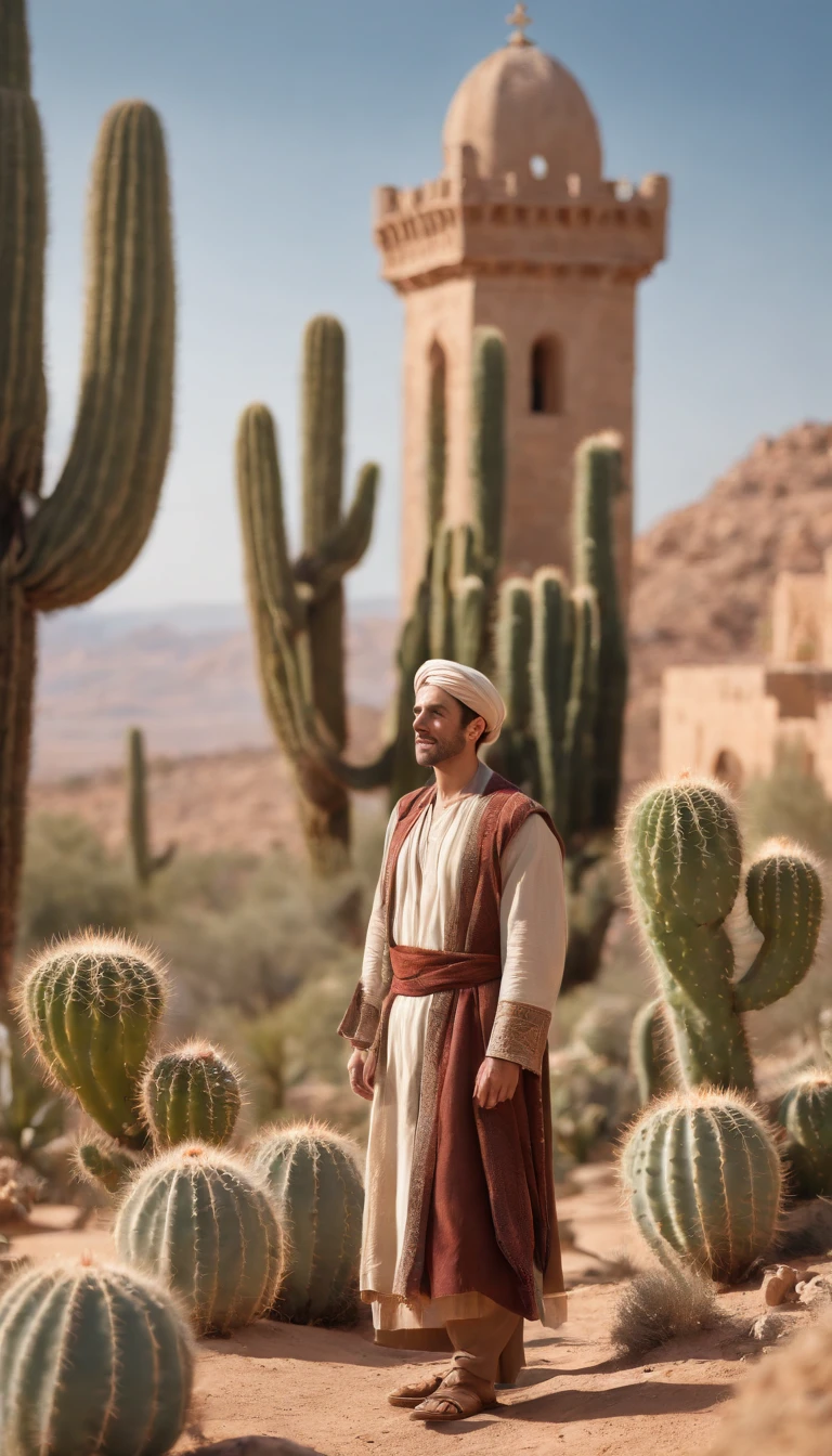 realistic drawing, Landscape, Cacti, succulent plants, daylight, green grass, cactus flower, blue sky, wallpaper, colorful succulents, mountains, Nature,"Create a 3D Disney style illustration of a man walking gracefully while using traditional Judean clothing. Pay meticulous attention to the details of your attire, including the robe, sandals, and any distinctive accessories. Ensure that your posture and expressions reflect the historical and cultural context. Place the character in a visually stunning Jewish landscape, capturing the essence of the region's beauty and historical significance. Use Disney's signature style to infuse the character with charm and authenticity.