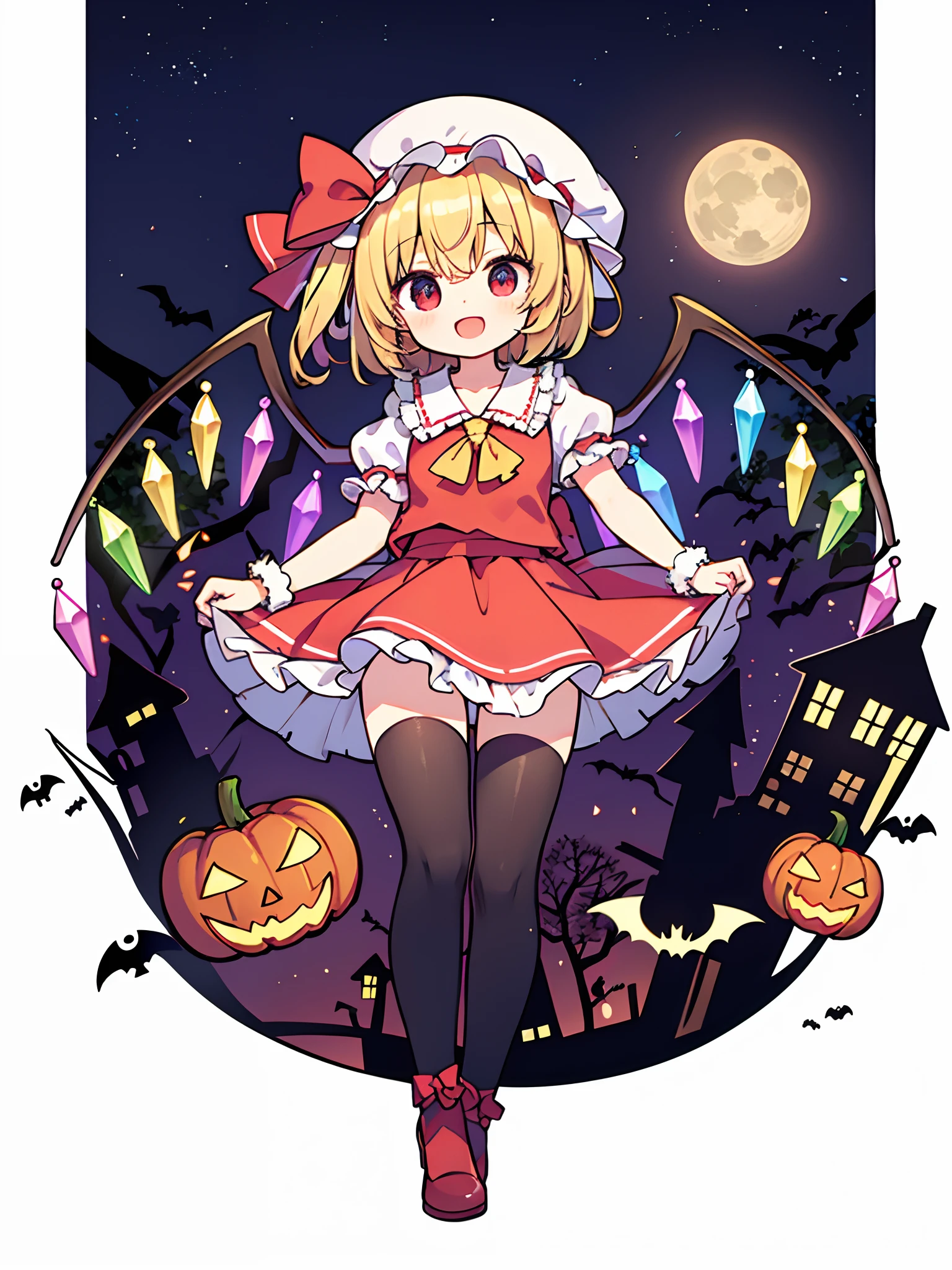 (masterpiece), (best quality), beautiful illustration, (flandre scarlet), solo, [chibi], zun hat, full_body, :d, outdoors, [starry sky], night, full moon, many flying bats, [halloween], simple background, dynamic pose, zettai_ryouiki