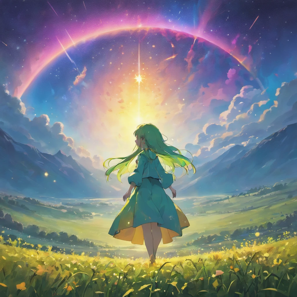 A wide landscape photo, (viewed from below, the sky is above, and the open field is below), a girl standing on a flower field looking up, (full moon: 1.2), (meteor: 0.9), (nebula: 1.3), distant mountains , Trees BREAK Crafting Art, (Warm Light: 1.2), (Firefly: 1.2), Lights, Lots of Purple and Orange, Intricate Details, Volumetric Lighting BREAK (Masterpiece: 1.2), (Best Quality), 4k, Ultra Detailed, (Dynamic Composition: 1.4), Rich in Detail and Color, (Rainbow Color: 1.2), (Glow, Atmospheric Lighting), Dreamy, Magical, (Solo: 1.2)