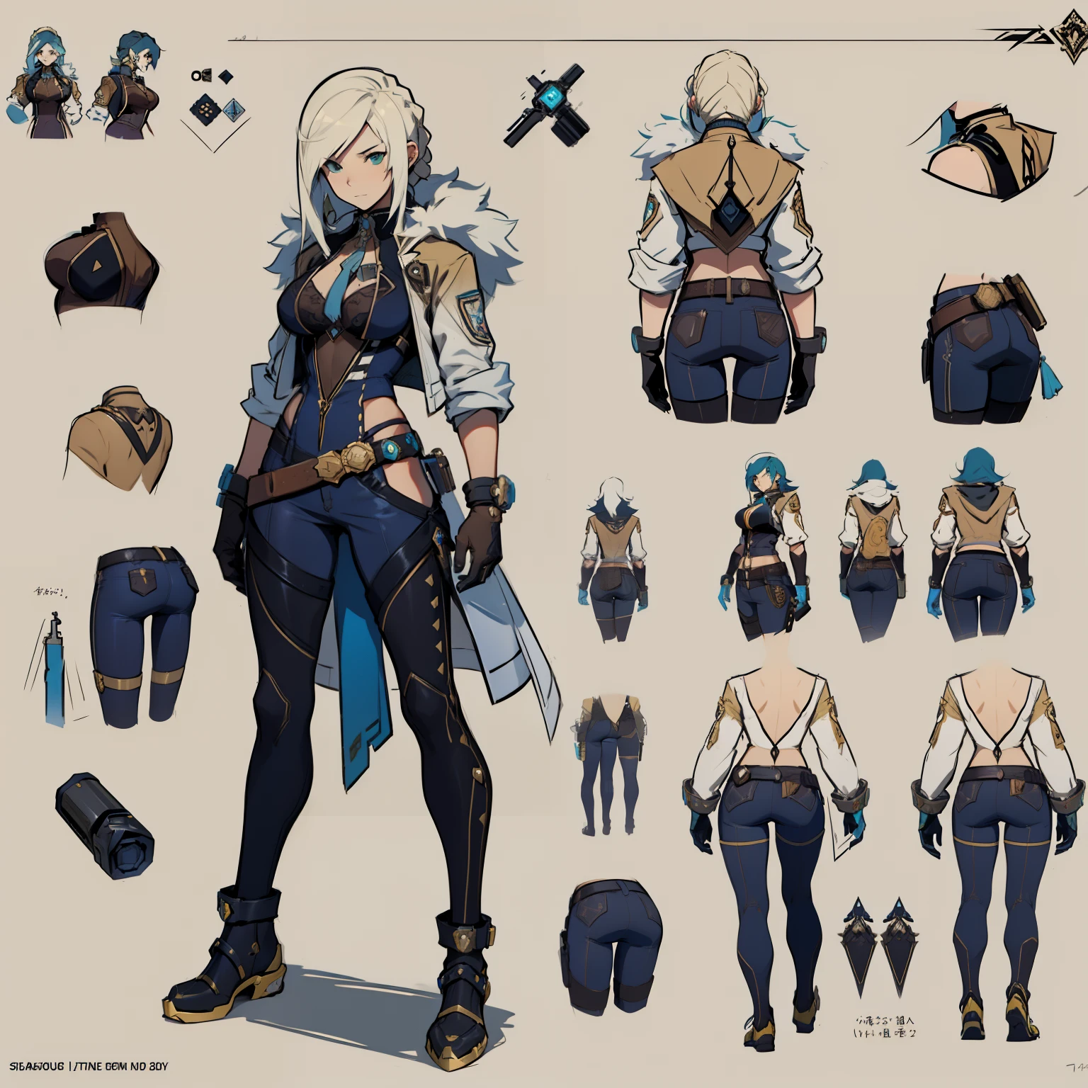 Close-up of a girl in a gun costume, ((character concept art)), ((character design sheet, same character, front, side, back)) maple story character art, video game character design, video game character design, maple story gun girl, expert high detail concept art, metal bullet concept art, funny character design, Lucio as a woman, gravity rush inspiration, sticky tar. Concept art, belt buckle at waist, steampunk weapon,