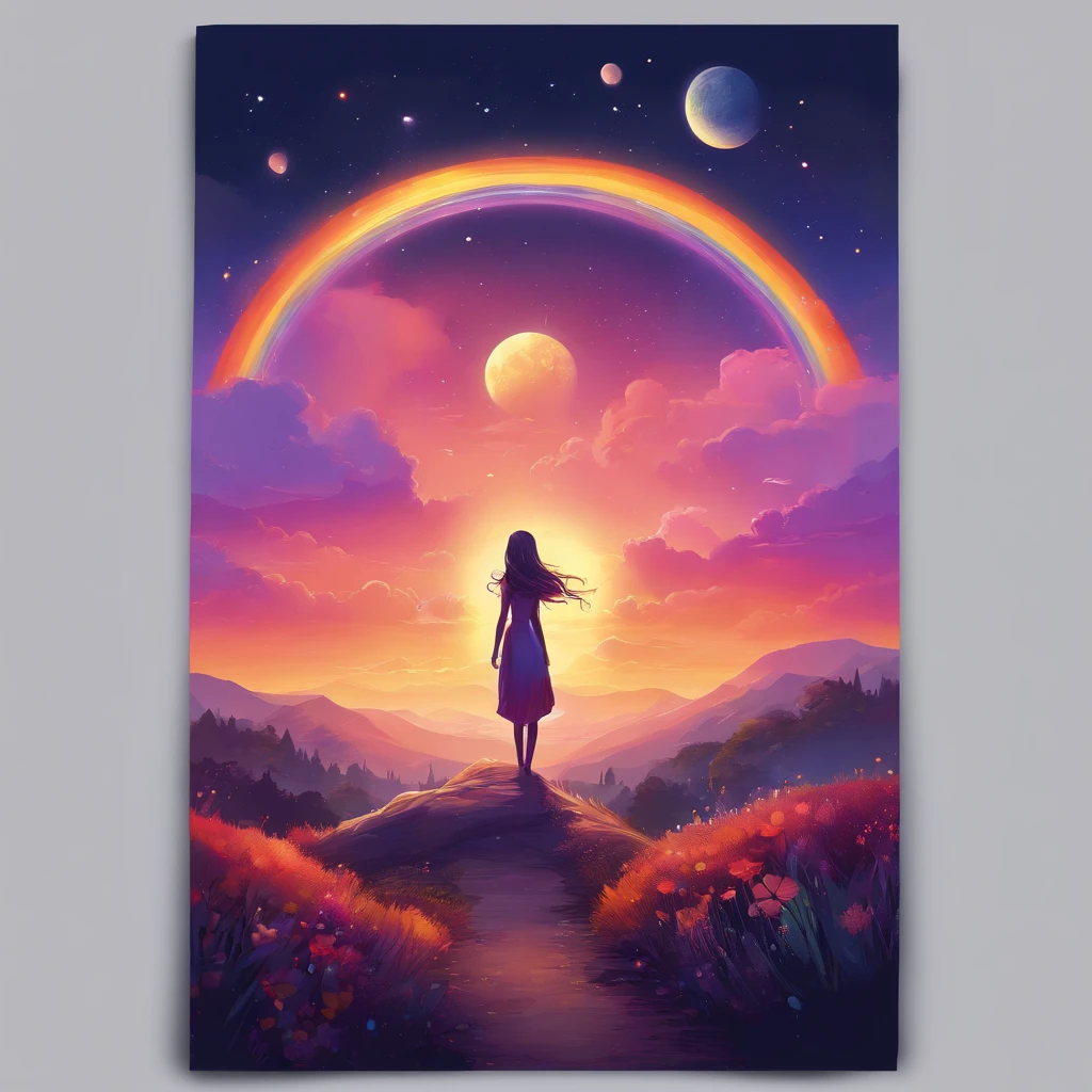 A wide landscape photo, (viewed from below, the sky is above, and the open field is below), a girl standing on a flower field looking up, (full moon: 1.2), (meteor: 0.9), (nebula: 1.3), distant mountains , Trees BREAK Crafting Art, (Warm Light: 1.2), (Firefly: 1.2), Lights, Lots of Purple and Orange, Intricate Details, Volumetric Lighting BREAK (Masterpiece: 1.2), (Best Quality), 4k, Ultra Detailed, (Dynamic Composition: 1.4), Rich in Detail and Color, (Rainbow Color: 1.2), (Glow, Atmospheric Lighting), Dreamy, Magical, (Solo: 1.2)