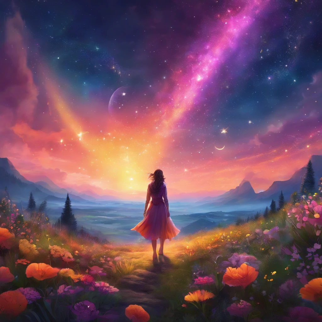 A wide landscape photo, (viewed from below, the sky is above, and the open field is below), a girl standing on a flower field looking up, (full moon: 1.2), (meteor: 0.9), (nebula: 1.3), distant mountains , Trees BREAK Crafting Art, (Warm Light: 1.2), (Firefly: 1.2), Lights, Lots of Purple and Orange, Intricate Details, Volumetric Lighting BREAK (Masterpiece: 1.2), (Best Quality), 4k, Ultra Detailed, (Dynamic Composition: 1.4), Rich in Detail and Color, (Rainbow Color: 1.2), (Glow, Atmospheric Lighting), Dreamy, Magical, (Solo: 1.2)