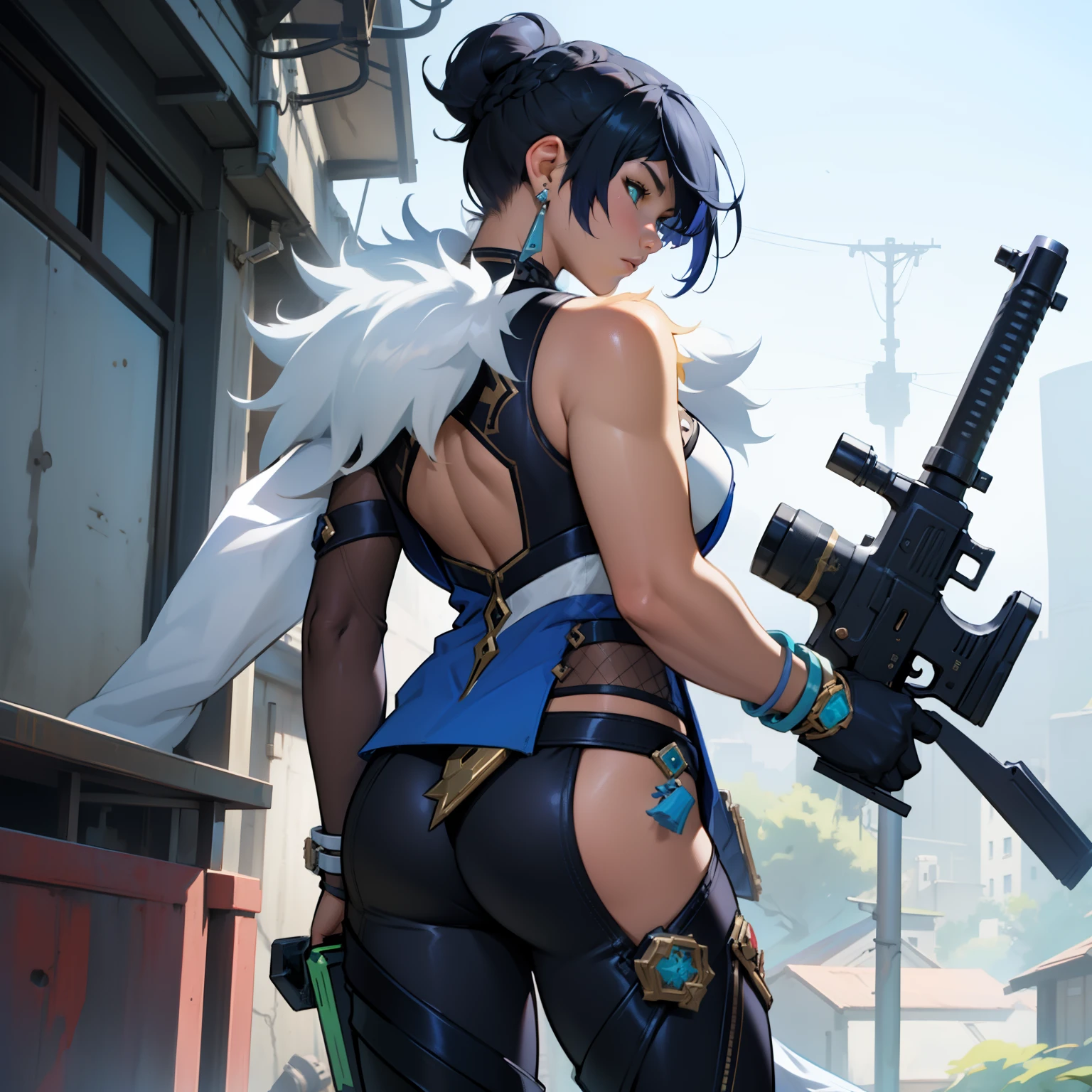 Close-up of a girl in a gun costume, ((character concept art)), ((character design sheet, same character, front, side, back)) maple story character art, video game character design, video game character design, maple story gun girl, expert high detail concept art, metal bullet concept art, funny character design, Lucio as a woman, gravity rush inspiration, sticky tar. Concept art, belt buckle at waist, steampunk weapon,