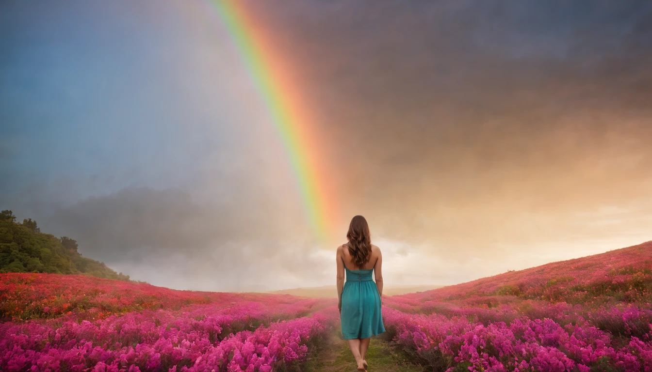 Vasta foto de paisagem, (vista de baixo, The sky is above and the open field is below), a girl standing on a flower field looking up, (lua cheia: 1.2), (meteoro: 0.9), (nebulosa: 1.3), montanhas distantes, Árvores BREAK Crafting Art, (Luz Quente: 1.2), (Vagalumes: 1.2), Luzes, Muito Roxo e Laranja, Detalhes Intrincados, volumeric lighting, Realismo BREAK (Obra-prima: 1.2), (melhor qualidade), 4k, ultra-detalhado, (dynamic compositing: 1.4), detalhes muito detalhados e coloridos, (rainbow colors: 1.2), (bright illumination, Atmospheric Illumination), sonhador, magica, (solo: 1.2)