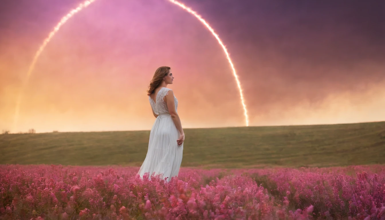 Vasta foto de paisagem, (vista de baixo, The sky is above and the open field is below), a girl standing on a flower field looking up, (lua cheia: 1.2), (meteoro: 0.9), (nebulosa: 1.3), montanhas distantes, Árvores BREAK Crafting Art, (Luz Quente: 1.2), (Vagalumes: 1.2), Luzes, Muito Roxo e Laranja, Detalhes Intrincados, volumeric lighting, Realismo BREAK (Obra-prima: 1.2), (melhor qualidade), 4k, ultra-detalhado, (dynamic compositing: 1.4), detalhes muito detalhados e coloridos, (rainbow colors: 1.2), (bright illumination, Atmospheric Illumination), sonhador, magica, (solo: 1.2)