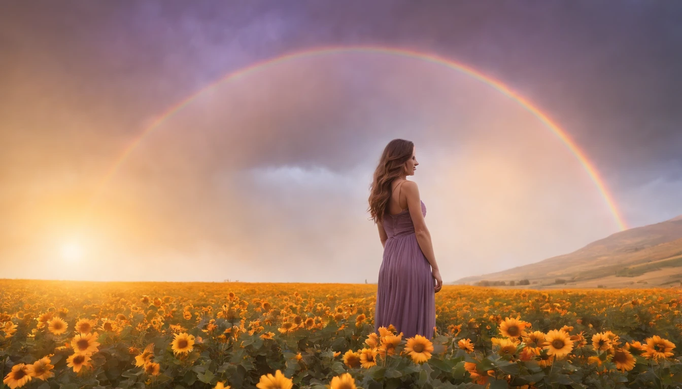 A wide landscape photo, (viewed from below, the sky is above, and the open field is below), a girl standing on a flower field looking up, (full moon: 1.2), (meteor: 0.9), (nebula: 1.3), distant mountains , Trees BREAK Crafting Art, (Warm Light: 1.2), (Firefly: 1.2), Lights, Lots of Purple and Orange, Intricate Details, Volumetric Lighting BREAK (Masterpiece: 1.2), (Best Quality), 4k, Ultra Detailed, (Dynamic Composition: 1.4), Rich in Detail and Color, (Rainbow Color: 1.2), (Glow, Atmospheric Lighting), Dreamy, Magical, (Solo: 1.2)