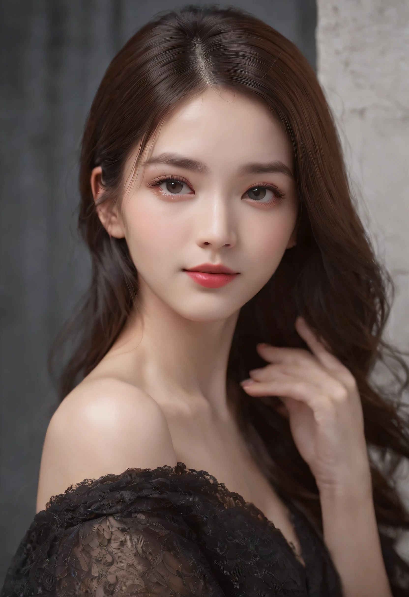 (A hyper-realistic)、(illustratio)、(hight resolution)、(8K)、(ighly detailed)、(Best Illustration)、(beautifully detailed eyes)、(top-quality)、(ultra-detailliert)、(masterpiece)、(wall-paper)、(A detailed face)、独奏、1 girl in、looking at viewert、fine detailed、A detailed face、in the darkness nigth、deep-shadows、lowkey、pureerosfaceace_v1、A smile、long、Black shawl straight hair、46-point diagonal bangs, (silk dresses、long skirt)(off shoulders)View of the castle、、Stand against the wall