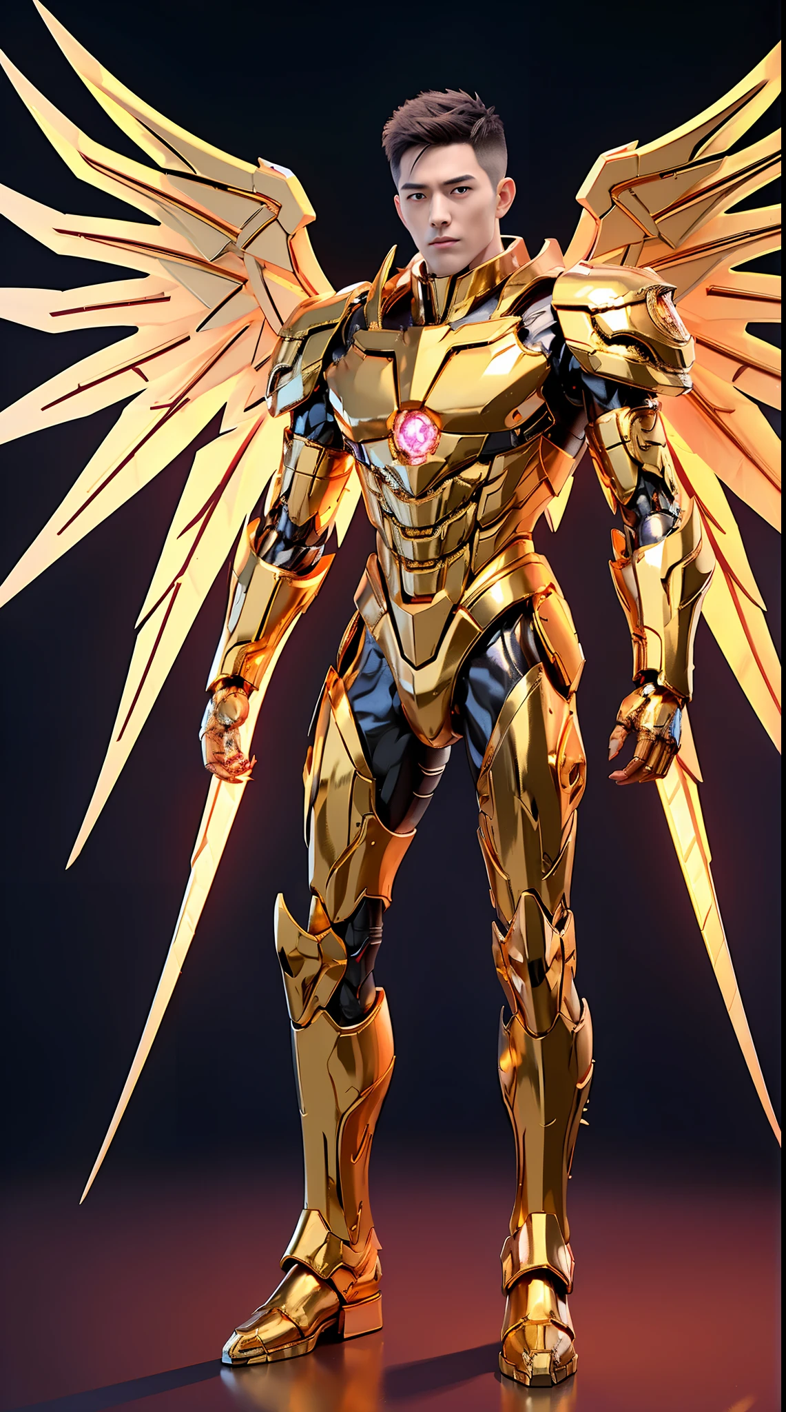 A MAN, HANDSOME FACE, GOLD DRAGON, MECHA ARMOR FULL SUIT, (A PAIR LARGEST WINGS), TRANSPARANT, TALL LEGS, STANDING, MUSCULAR BODY.