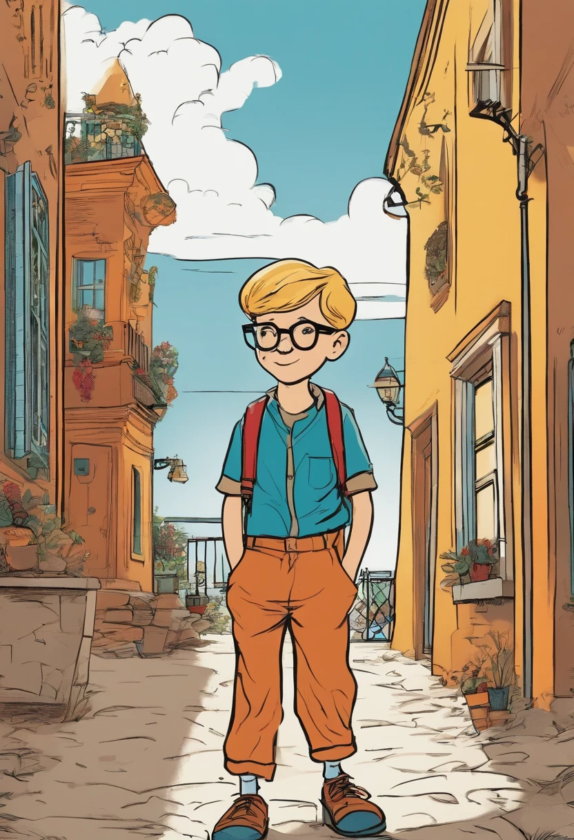 a comic panel showcasing a 10-year-old boy with glasses and a jumpsuit, drawn in the style of Hergé's clear-line aesthetic. The boy embarks on a playful adventure, exuding curiosity and youthful energy. Bold, clean lines define the characters and surroundings. The color scheme is vibrant and dynamic. --v 5 --stylize 1000