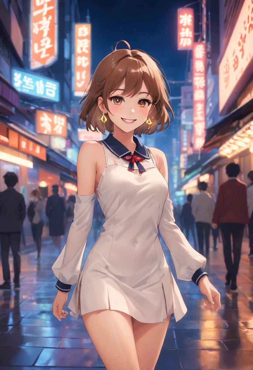 8K, masutepiece, Raw photo, Best Quality, Photorealistic, Highly detailed CG Unity 8K wallpaper, depth of fields, Cinematic Light, Lens Flare, Ray tracing, (Extremely beautiful face, Beautiful lips, Beautiful eyes), intricate detail face, ((Ultra detailed skin)) 1girl in, In the Dark, deepshadow, Pretty Korean girl, Kpop Idol, 1 girl, (Very slim and slender fit muscular body:1.3), ((Looking at Viewer)),(Big smile:1.3), (Midnight, a dark night, (Neon sign), (Blurred background), Dim light), (No people in the background:1.3), Beautiful earrings, Bracelets, Necklace, pantyhose, Clear eyes, Walking , Front shot, (pale skin), (Big eyes), Face forward, (Full body shot), (Brown hairs), open navel, (Looking at Viewer:1.3), Very slim, medium breasts, (Camel toe), thick thighs, turn back, (fluttering mini dress), ((White Collar Dresses)), (Tight skirt), ((backtrack, Back shot)), Ultra mini skirt, exposed ass, upper Shot