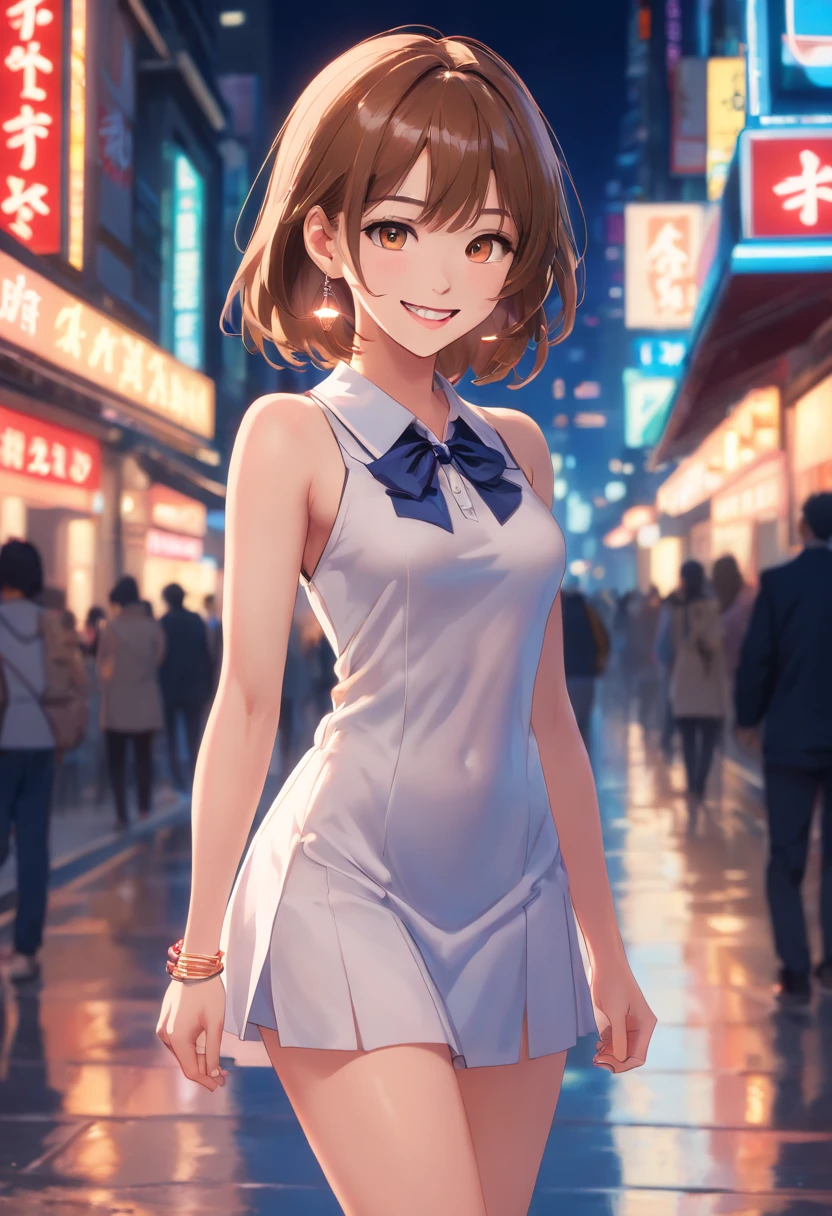 8K, masutepiece, Raw photo, Best Quality, Photorealistic, Highly detailed CG Unity 8K wallpaper, depth of fields, Cinematic Light, Lens Flare, Ray tracing, (Extremely beautiful face, Beautiful lips, Beautiful eyes), intricate detail face, ((Ultra detailed skin)) 1girl in, In the Dark, deepshadow, Pretty Korean girl, Kpop Idol, 1 girl, (Very slim and slender fit muscular body:1.3), ((Looking at Viewer)),(Big smile:1.3), (Midnight, a dark night, (Neon sign), (Blurred background), Dim light), (No people in the background:1.3), Beautiful earrings, Bracelets, Necklace, pantyhose, Clear eyes, Walking , Front shot, (pale skin), (Big eyes), Face forward, (Full body shot), (Brown hairs), open navel, (Looking at Viewer:1.3), Very slim, medium breasts, (Camel toe), thick thighs, turn back, (fluttering mini dress), ((White Collar Dresses)), (Tight skirt), ((backtrack, Back shot)), Ultra mini skirt, exposed ass, upper Shot