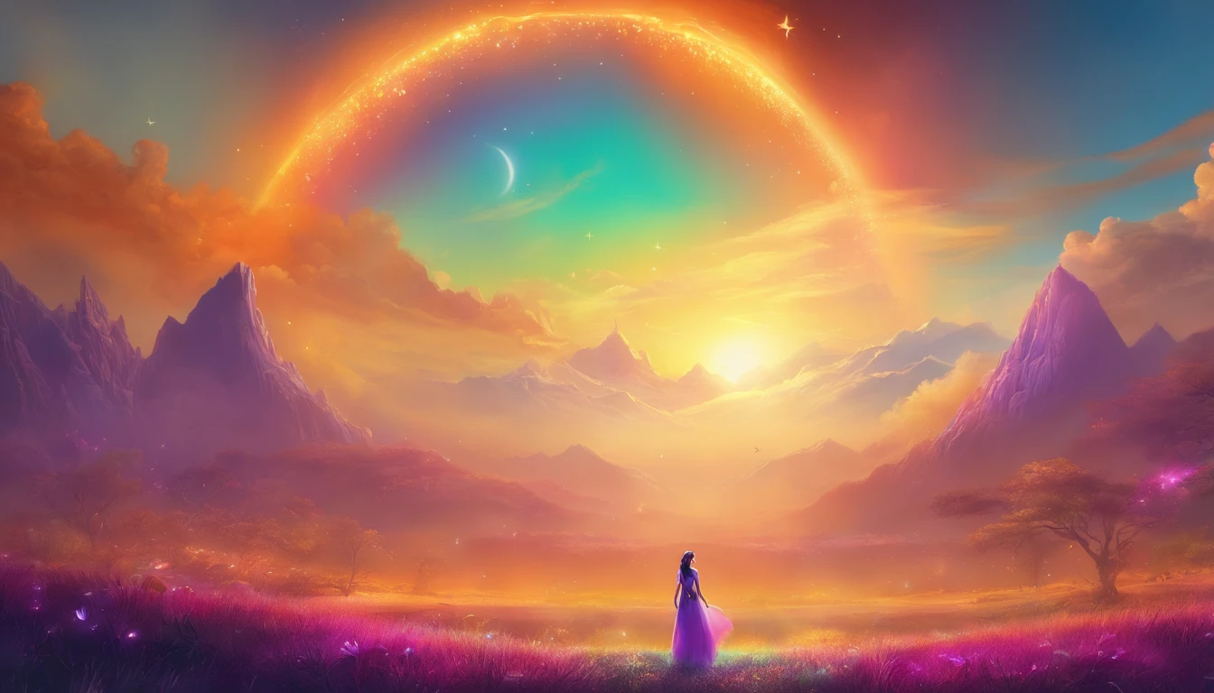 Vasta foto de paisagem, (vista de baixo, The sky is above and the open field is below), a girl standing on a flower field looking up, (lua cheia: 1.2), (meteoro: 0.9), (nebulosa: 1.3), montanhas distantes, Árvores BREAK Crafting Art, (Luz Quente: 1.2), (Vagalumes: 1.2), Luzes, Muito Roxo e Laranja, Detalhes Intrincados, volumeric lighting, Realismo BREAK (Obra-prima: 1.2), (melhor qualidade), 4k, ultra-detalhado, (dynamic compositing: 1.4), detalhes muito detalhados e coloridos, (rainbow colors: 1.2), (bright illumination, Atmospheric Illumination), sonhador, magica, (solo: 1.2)