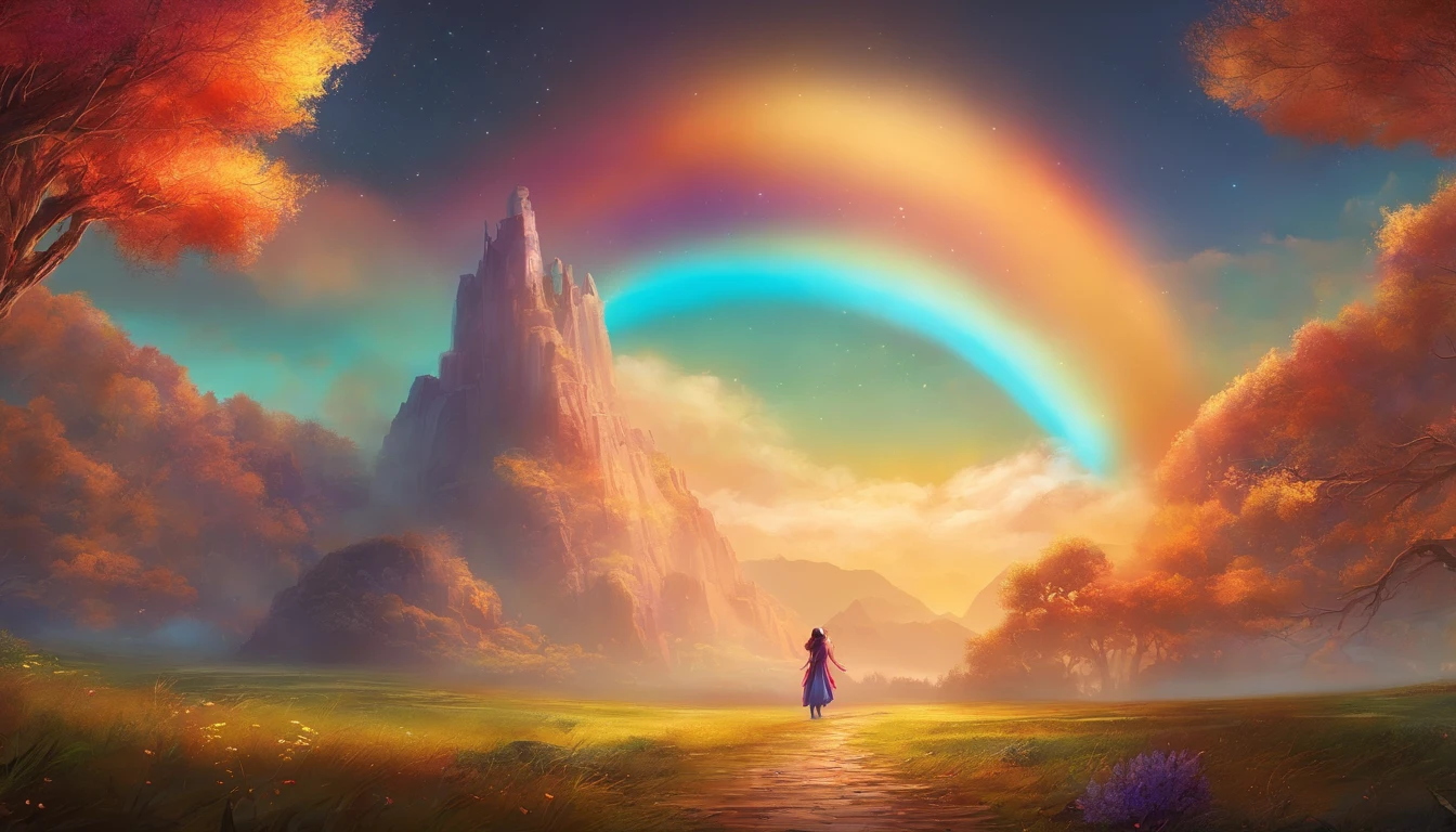 Vasta foto de paisagem, (vista de baixo, The sky is above and the open field is below), a girl standing on a flower field looking up, (lua cheia: 1.2), (meteoro: 0.9), (nebulosa: 1.3), montanhas distantes, Árvores BREAK Crafting Art, (Luz Quente: 1.2), (Vagalumes: 1.2), Luzes, Muito Roxo e Laranja, Detalhes Intrincados, volumeric lighting, Realismo BREAK (Obra-prima: 1.2), (melhor qualidade), 4k, ultra-detalhado, (dynamic compositing: 1.4), detalhes muito detalhados e coloridos, (rainbow colors: 1.2), (bright illumination, Atmospheric Illumination), sonhador, magica, (solo: 1.2)