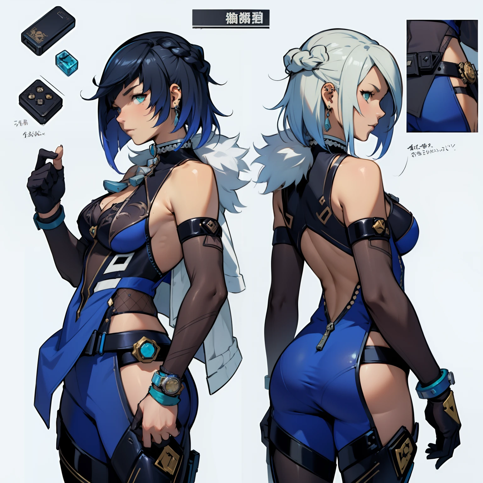 Close-up of a girl in a gun costume, ((character concept art)), ((character design sheet, same character, front, side, back)) maple story character art, video game character design, video game character design, maple story gun girl, expert high detail concept art, metal bullet concept art, funny character design, Lucio as a woman, gravity rush inspiration, sticky tar. Concept art, belt buckle at waist, steampunk weapon,
