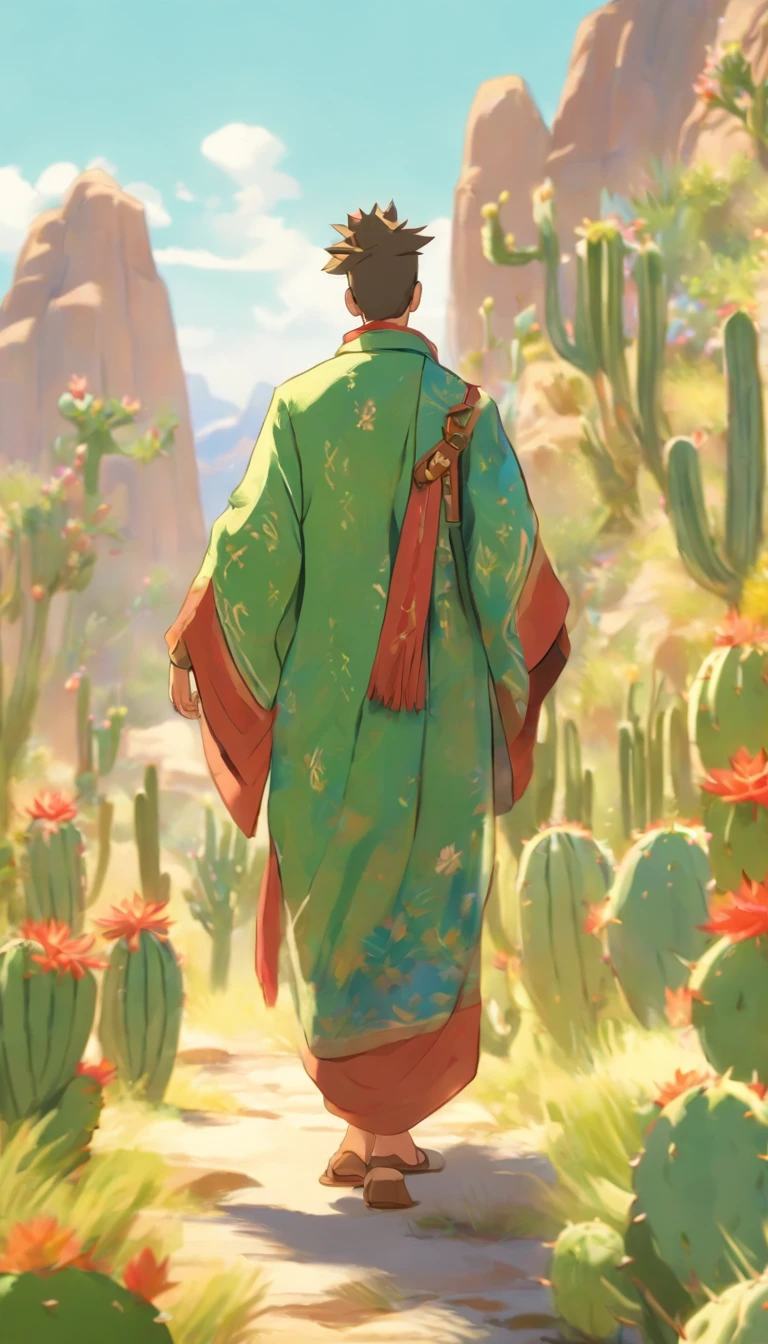 realistic drawing, Landscape, Cacti, succulent plants, daylight, green grass, cactus flower, blue sky, wallpaper, colorful succulents, mountains, Nature,"Create a 3D Disney style illustration of a man walking gracefully while using traditional Judean clothing. Pay meticulous attention to the details of your attire, including the robe, sandals, and any distinctive accessories. Ensure that your posture and expressions reflect the historical and cultural context. Place the character in a visually stunning Jewish landscape, capturing the essence of the region's beauty and historical significance. Use Disney's signature style to infuse the character with charm and authenticity.