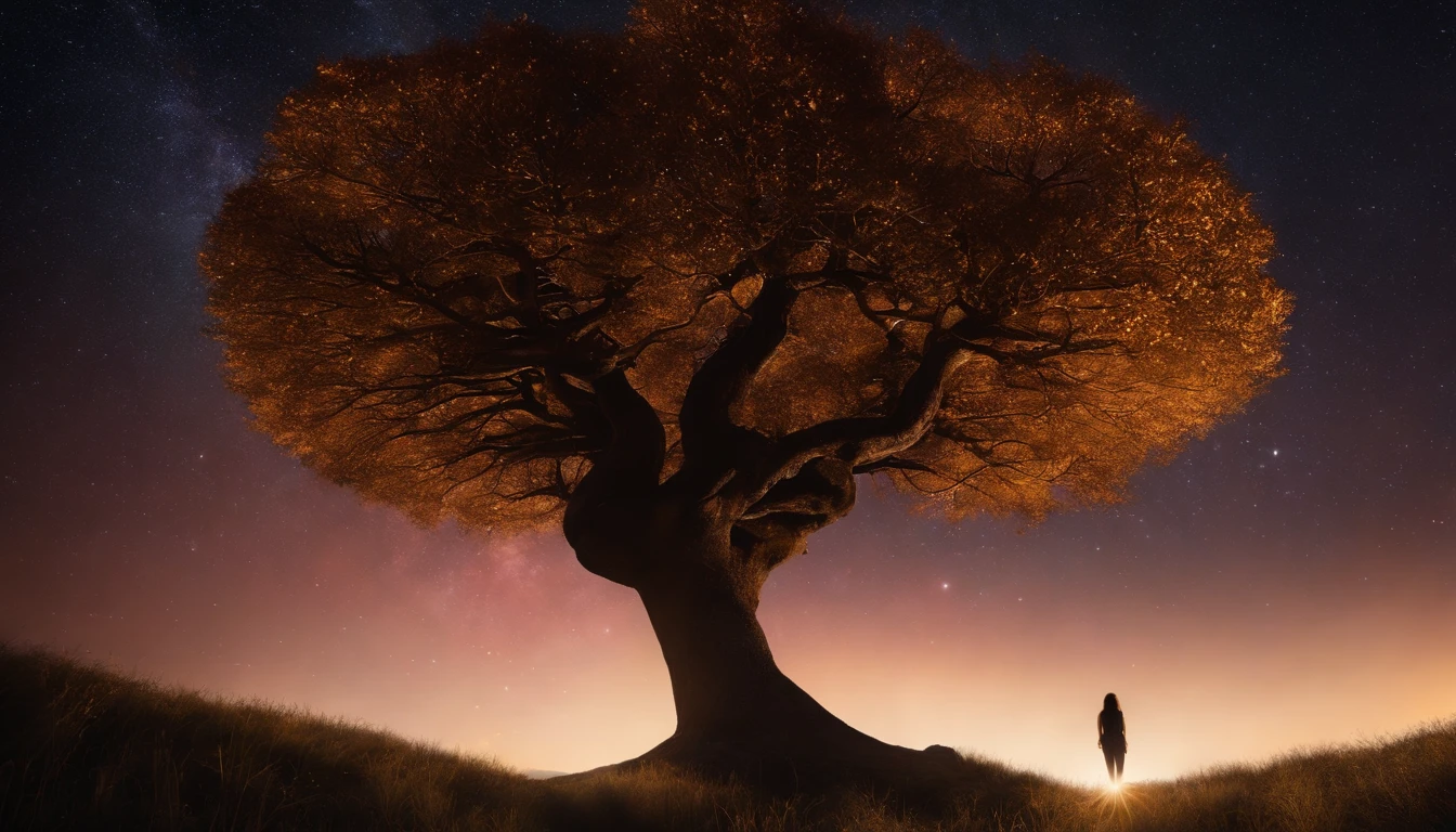 fotografia de paisagem expansiva, (a view from below showing the sky above and the open country below), a girl standing on a flower field looking up, (pegue a chave: 1.2), (estrelas cadentes: 0.9), (nebulosa: 1.3), montanha distante, BREAK tree production art, (fonte de luz quente: 1.2), (Pirilampo: 1.2), bulb, muito roxo e laranja, detalhes intrincados, volumeric lighting, realismo BREAK (obra-prima: 1.2) , (melhor qualidade), 4k, ultra-detalhado, (dynamic compositing: 1.4), detalhes coloridos altamente detalhados, (cores iridescentes: 1.2), (bright illumination, Atmospheric Illumination), sonhador, Magia, (sozinho: 1.2)