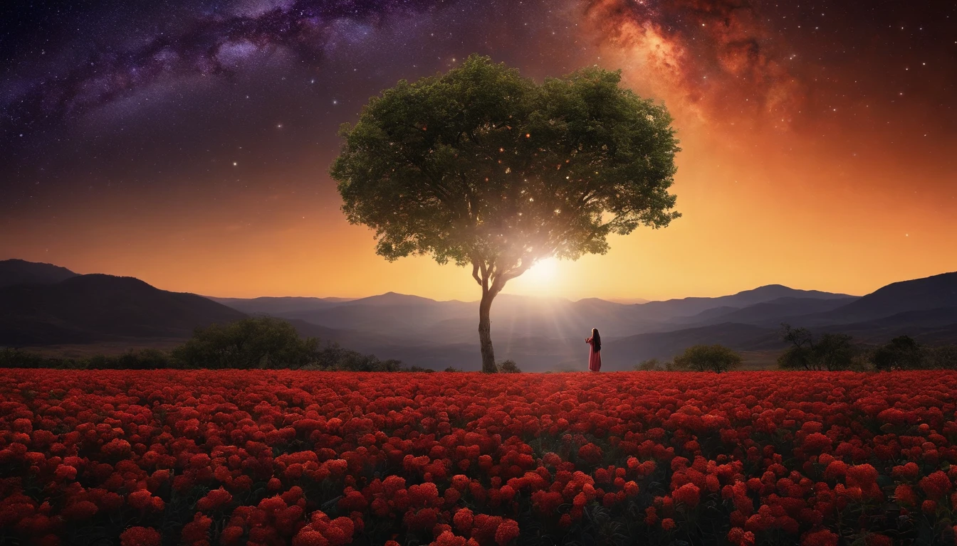 fotografia de paisagem expansiva, (a view from below showing the sky above and the open country below), a girl standing on a flower field looking up, (pegue a chave: 1.2), (estrelas cadentes: 0.9), (nebulosa: 1.3), montanha distante, BREAK tree production art, (fonte de luz quente: 1.2), (Pirilampo: 1.2), bulb, muito roxo e laranja, detalhes intrincados, volumeric lighting, realismo BREAK (obra-prima: 1.2) , (melhor qualidade), 4k, ultra-detalhado, (dynamic compositing: 1.4), detalhes coloridos altamente detalhados, (cores iridescentes: 1.2), (bright illumination, Atmospheric Illumination), sonhador, Magia, (sozinho: 1.2)