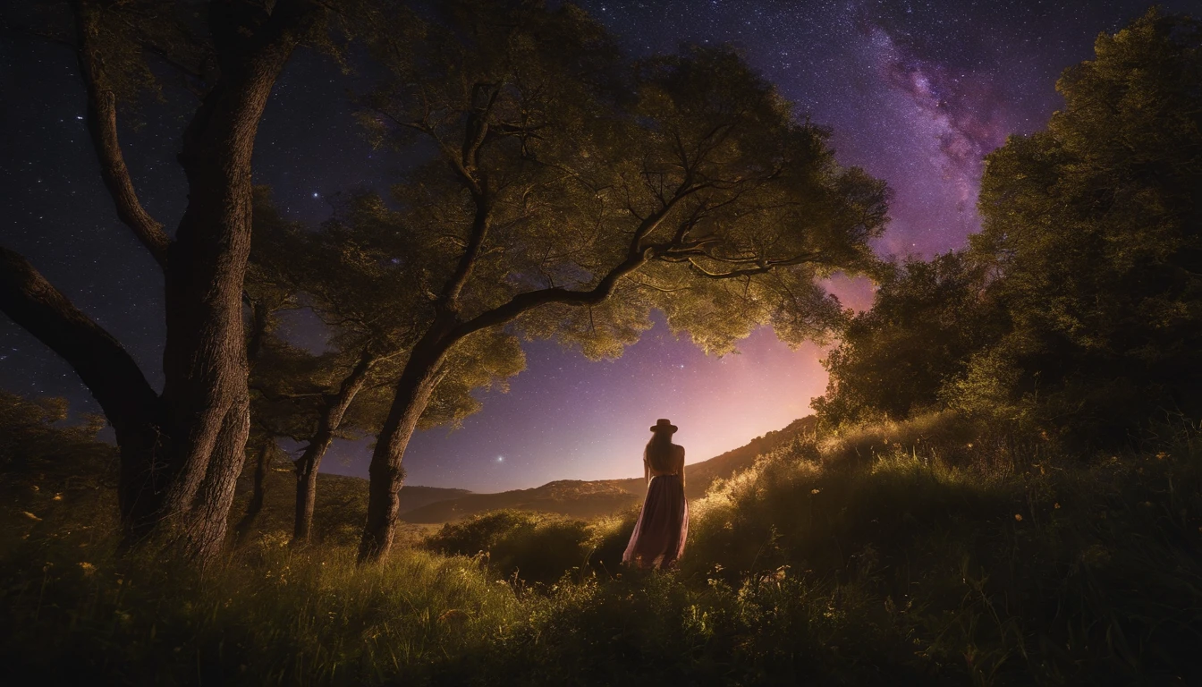 fotografia de paisagem expansiva, (a view from below showing the sky above and the open country below), a girl standing on a flower field looking up, (pegue a chave: 1.2), (estrelas cadentes: 0.9), (nebulosa: 1.3), montanha distante, BREAK tree production art, (fonte de luz quente: 1.2), (Pirilampo: 1.2), bulb, muito roxo e laranja, detalhes intrincados, volumeric lighting, realismo BREAK (obra-prima: 1.2) , (melhor qualidade), 4k, ultra-detalhado, (dynamic compositing: 1.4), detalhes coloridos altamente detalhados, (cores iridescentes: 1.2), (bright illumination, Atmospheric Illumination), sonhador, Magia, (sozinho: 1.2)
