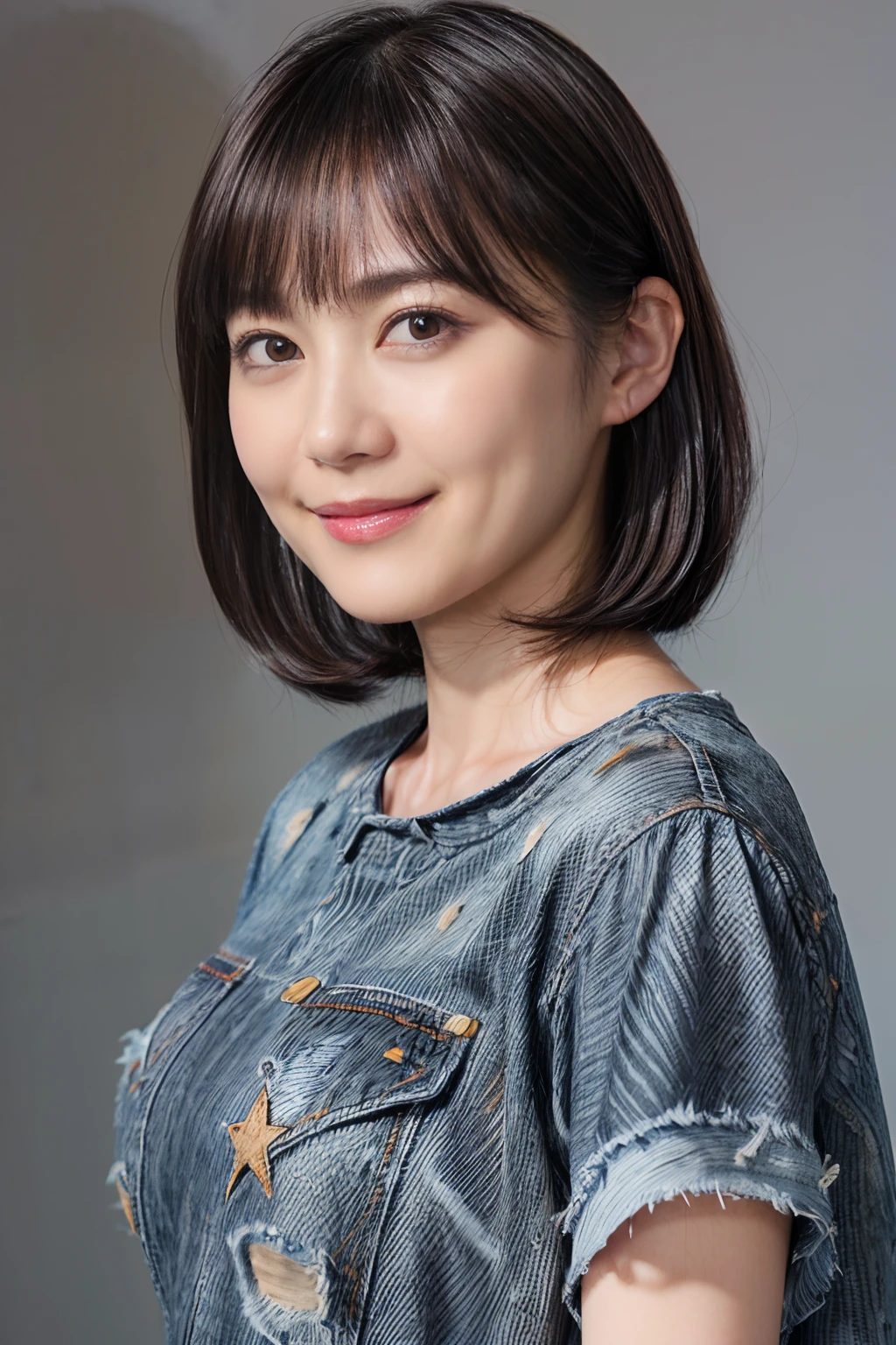 ((1womanl)),  (((Black Shorthair))), （masuter piece：1,3）、top-quality、​masterpiece、hight resolution、Original、highly detailed wallpaper、jeans、 (A slight smil)、a small face、((Full breasts))、(print t-shirt)、(Light on Face)、Live-action style, Beautiful facial features, Luxurious large room, (cowboy  shot:1.3)