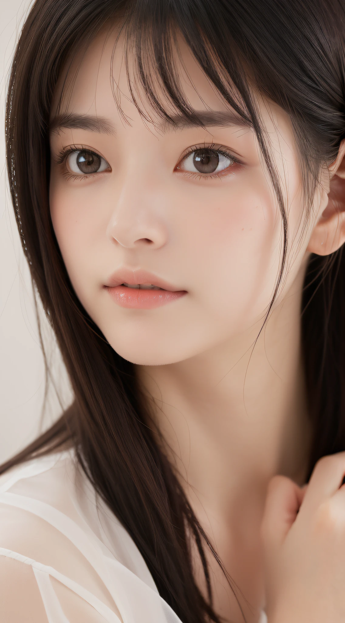 1womanl, (up of face:1.5), Black hair, Blunt bangs, hair behind ear, hair over shoulder, Long hair, Ultra Fine Face, Thin face, Delicate lips, (beautidful eyes:1.5), thin blush, eyes are light brown,View here, (Hands hide), formal jackets, a choker ,Port Area ,One-person viewpoint, 8K, masutepiece, nffsw, Super Detail, High quality, Best Quality, hight resolution,