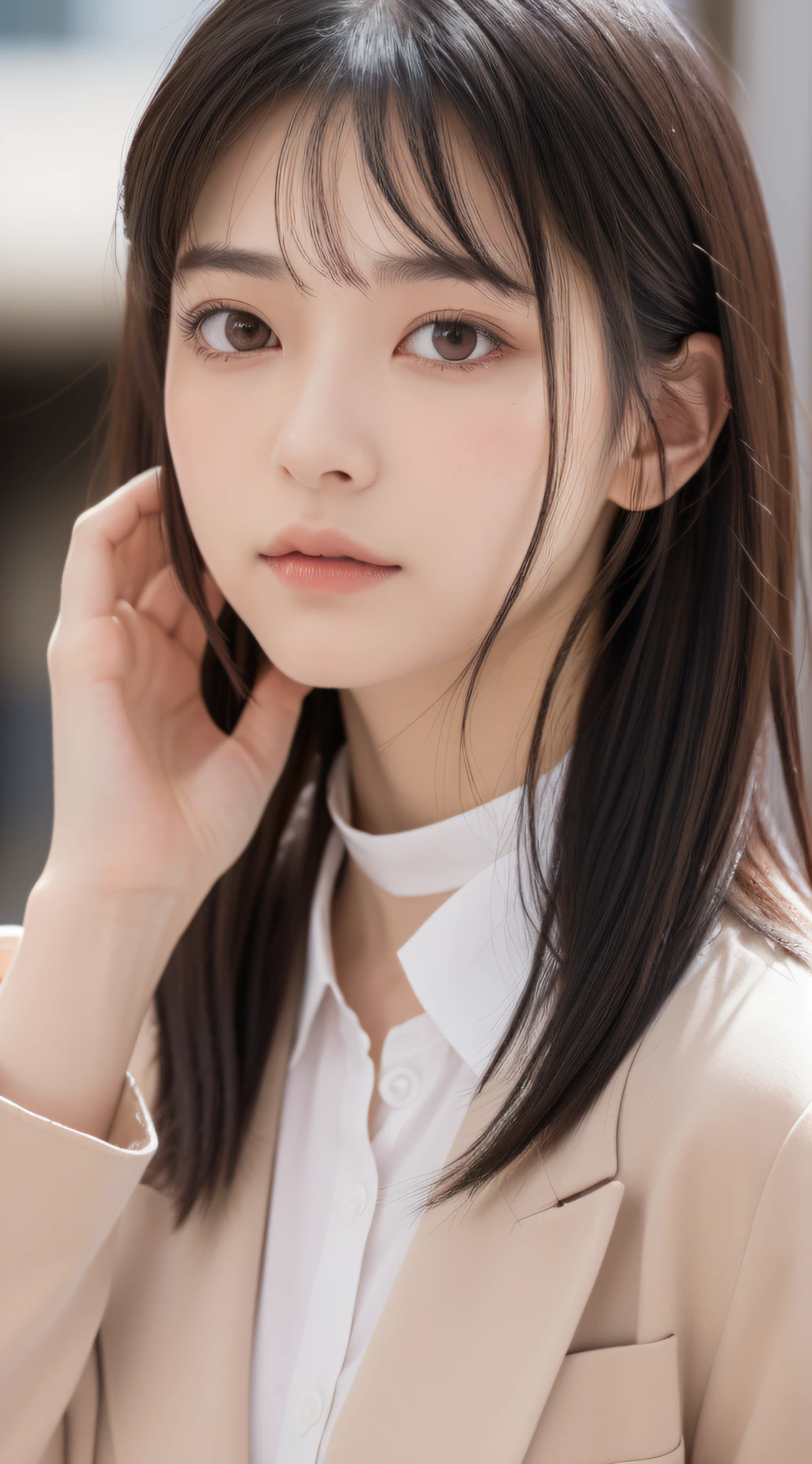 1womanl, (up of face:1.5), Black hair, Blunt bangs, hair behind ear, hair over shoulder, Long hair, Ultra Fine Face, Thin face, Delicate lips, (beautidful eyes:1.5), thin blush, eyes are light brown,View here, （Hands hide）, formal jackets, a choker ,Port Area ,One-person viewpoint,  8K, masutepiece, nffsw, Super Detail, High quality, Best Quality, hight resolution,