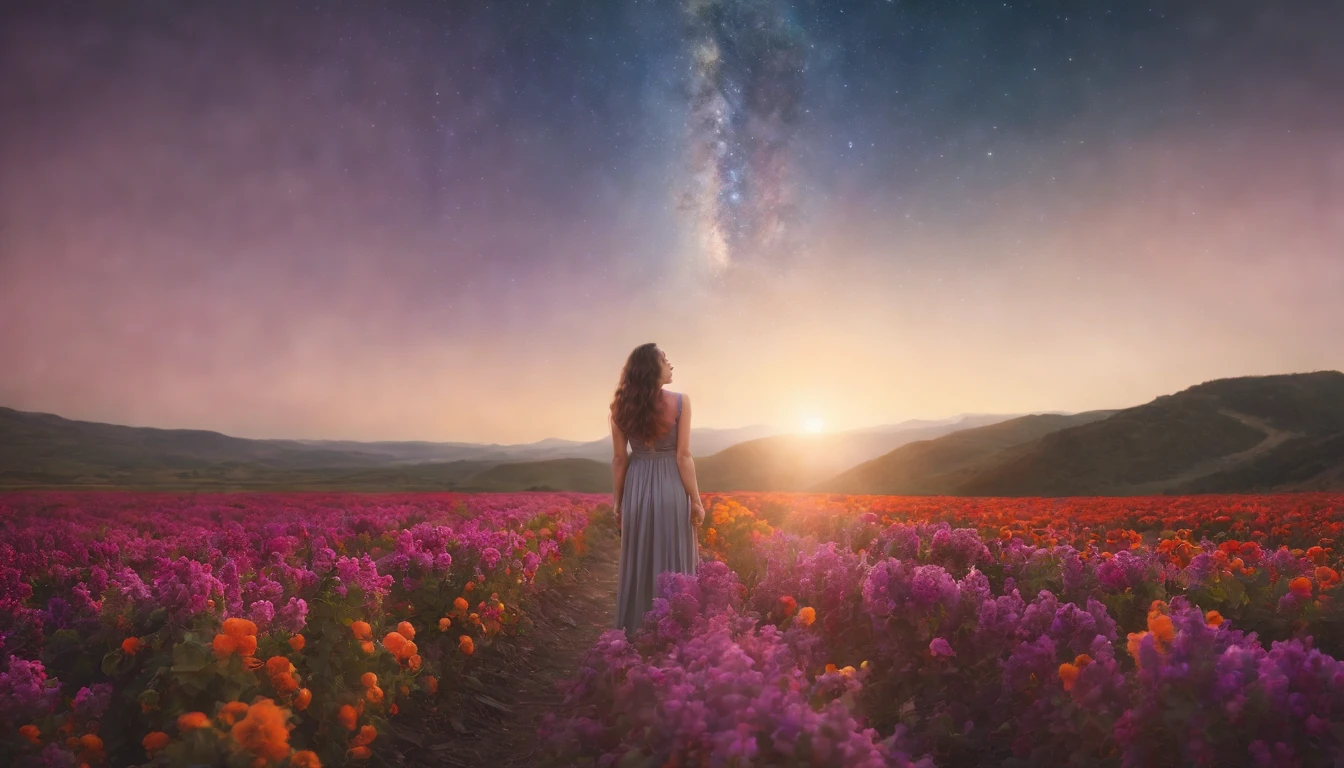 fotografia de paisagem expansiva, (a view from below showing the sky above and the open country below), a girl standing on a flower field looking up, (pegue a chave: 1.2), (estrelas cadentes: 0.9), (nebulosa: 1.3), montanha distante, BREAK tree production art, (fonte de luz quente: 1.2), (Pirilampo: 1.2), bulb, muito roxo e laranja, detalhes intrincados, volumeric lighting, realismo BREAK (obra-prima: 1.2) , (melhor qualidade), 4k, ultra-detalhado, (dynamic compositing: 1.4), detalhes coloridos altamente detalhados, (cores iridescentes: 1.2), (bright illumination, Atmospheric Illumination), sonhador, Magia, (sozinho: 1.2)