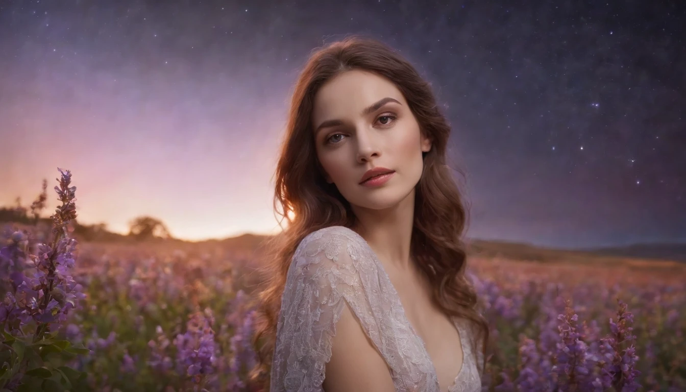fotografia de paisagem expansiva, (a view from below showing the sky above and the open country below), a girl standing on a flower field looking up, (pegue a chave: 1.2), (estrelas cadentes: 0.9), (nebulosa: 1.3), montanha distante, BREAK tree production art, (fonte de luz quente: 1.2), (Pirilampo: 1.2), bulb, muito roxo e laranja, detalhes intrincados, volumeric lighting, realismo BREAK (obra-prima: 1.2) , (melhor qualidade), 4k, ultra-detalhado, (dynamic compositing: 1.4), detalhes coloridos altamente detalhados, (cores iridescentes: 1.2), (bright illumination, Atmospheric Illumination), sonhador, Magia, (sozinho: 1.2)
