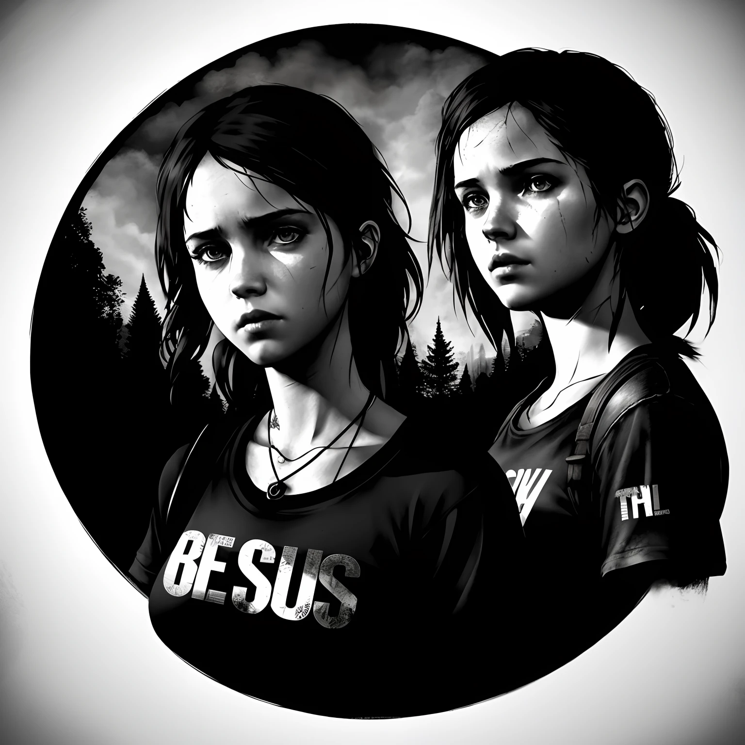 ((best quality)), ((Realistic T-Shirt Design)), ((Round Design)), ((Centered Art)), ((2D Vector)), Gothic Atmosphere, Ellie from The Last Of Us Game A realistic t-shirt design with a round shape, featuring a centered 2D vector art of Ellie from The Last Of Us game. The design is set against a black background, creating a Gothic atmosphere. The attention to detail in capturing Ellie's facial features, her determined expression, and the gritty aesthetic of the game adds depth and realism to the artwork. This t-shirt design is perfect for fans of The Last Of Us who appreciate a dark and atmospheric style. Eye level, scenic, masterpiece, -