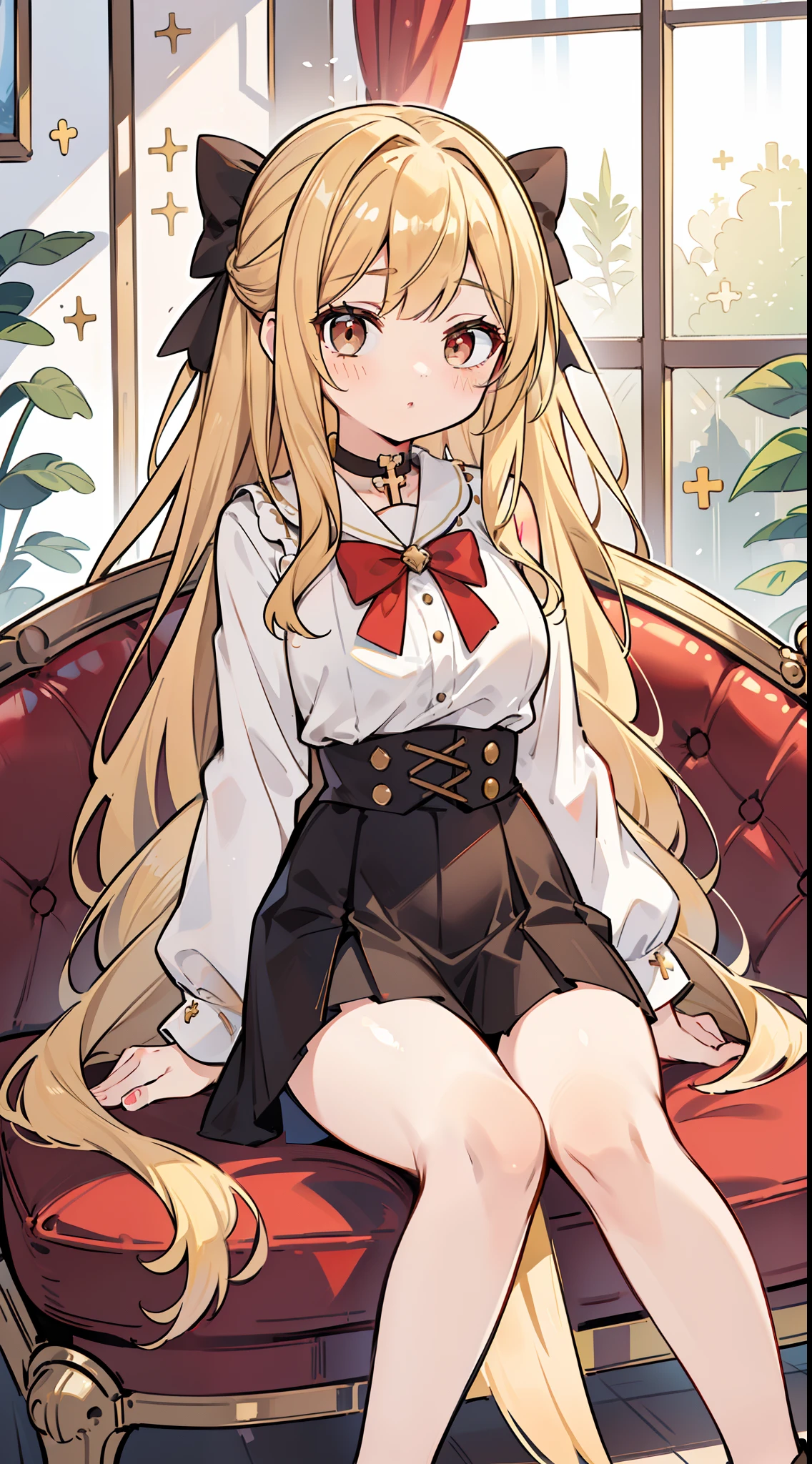 Best Quality, masutepiece, 1 girl, my, (slender:1.3), medium breasts, (Blonde hair:1.3), Very long hair, Wavy Hair, (oblique bangs:1.3), (Twin-tailed:1.2), (Silvery ingrown hair:1.2), (detailed brown eyes:1.1), jirai fashion, (Red Gosloly:1.3), (Black high-waisted skirt:1.2), (Looking at Viewer:1.3), Bow, Choker, thighs thighs thighs thighs, (large bow of hair:1.3), Horizontal view, (Sit cross-legged on an English-style sofa:1.3), (Black sofa:1.2), Diagonal angle, (Gold and white windows:1.3), (White interior:1.2),