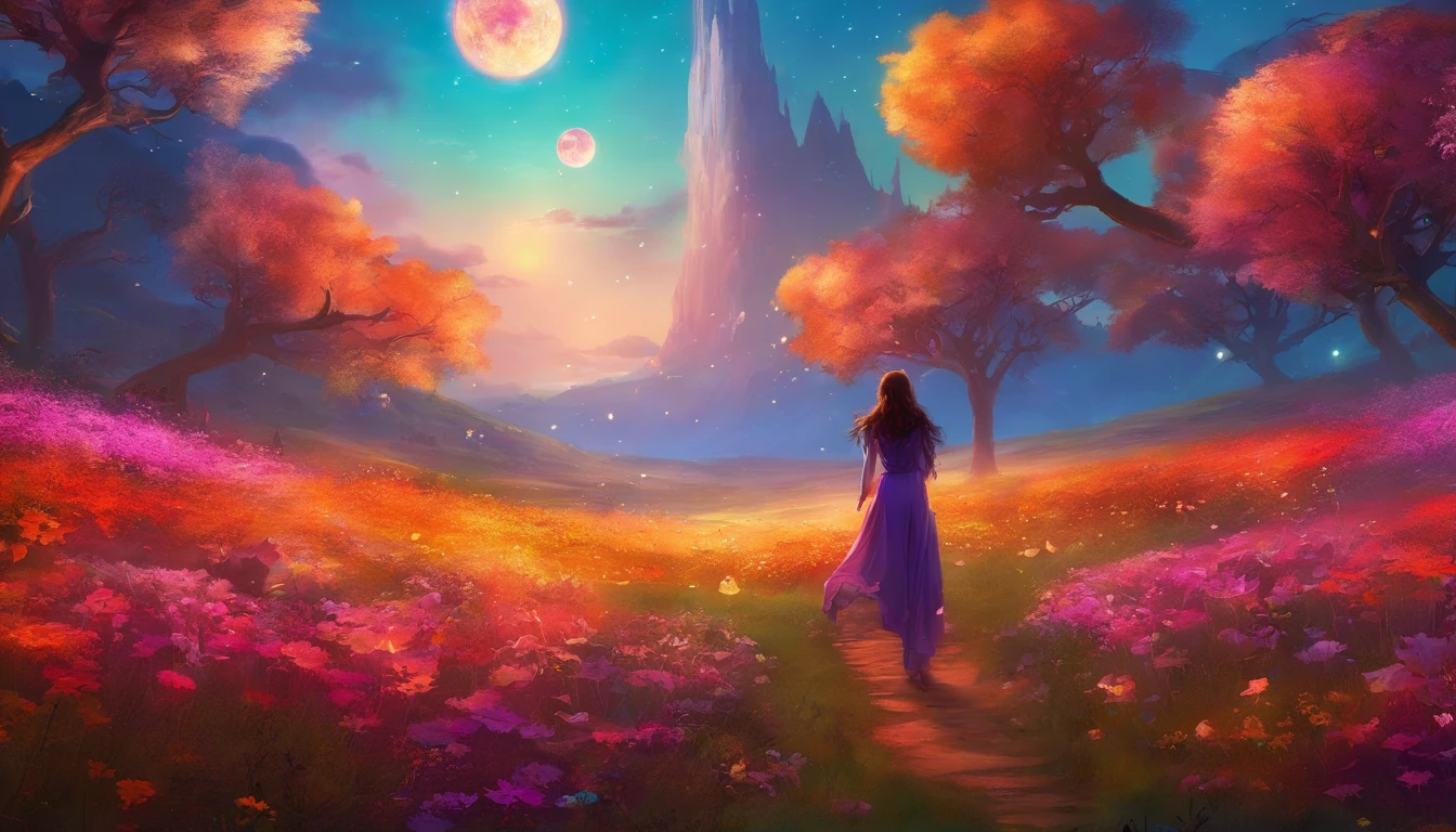 fotografia de paisagem expansiva, (a view from below showing the sky above and the open country below), a girl standing on a flower field looking up, (pegue a chave: 1.2), (estrelas cadentes: 0.9), (nebulosa: 1.3), montanha distante, BREAK tree production art, (fonte de luz quente: 1.2), (Pirilampo: 1.2), bulb, muito roxo e laranja, detalhes intrincados, volumeric lighting, realismo BREAK (obra-prima: 1.2) , (melhor qualidade), 4k, ultra-detalhado, (dynamic compositing: 1.4), detalhes coloridos altamente detalhados, (cores iridescentes: 1.2), (bright illumination, Atmospheric Illumination), sonhador, Magia, (sozinho: 1.2)