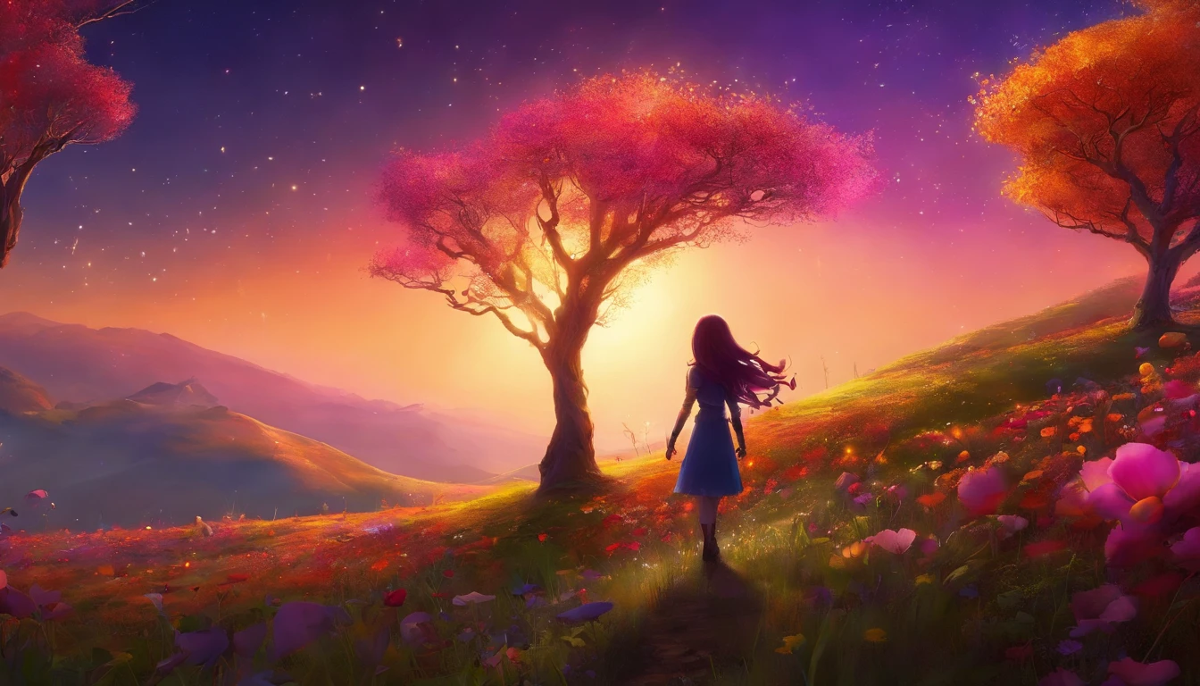 fotografia de paisagem expansiva, (a view from below showing the sky above and the open country below), a girl standing on a flower field looking up, (pegue a chave: 1.2), (estrelas cadentes: 0.9), (nebulosa: 1.3), montanha distante, BREAK tree production art, (fonte de luz quente: 1.2), (Pirilampo: 1.2), bulb, muito roxo e laranja, detalhes intrincados, volumeric lighting, realismo BREAK (obra-prima: 1.2) , (melhor qualidade), 4k, ultra-detalhado, (dynamic compositing: 1.4), detalhes coloridos altamente detalhados, (cores iridescentes: 1.2), (bright illumination, Atmospheric Illumination), sonhador, Magia, (sozinho: 1.2)