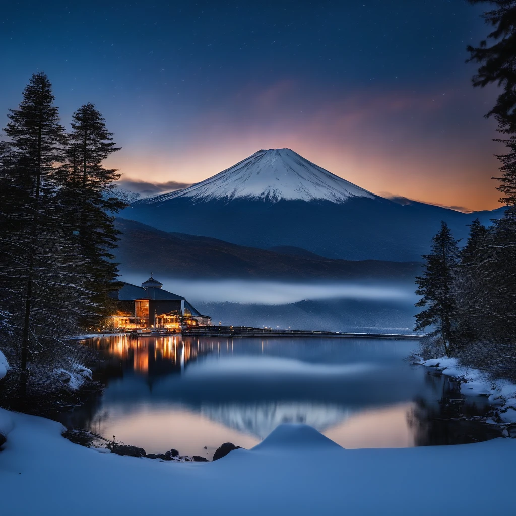 Master Parts、Superior Quality、superior image quality、The 8k quality、Beautiful pictures of the starry sky、magnifica、Arched Milky Way:1.9、Mt fuji、Blue glowing lake:1.9、(snowscape:1.9)