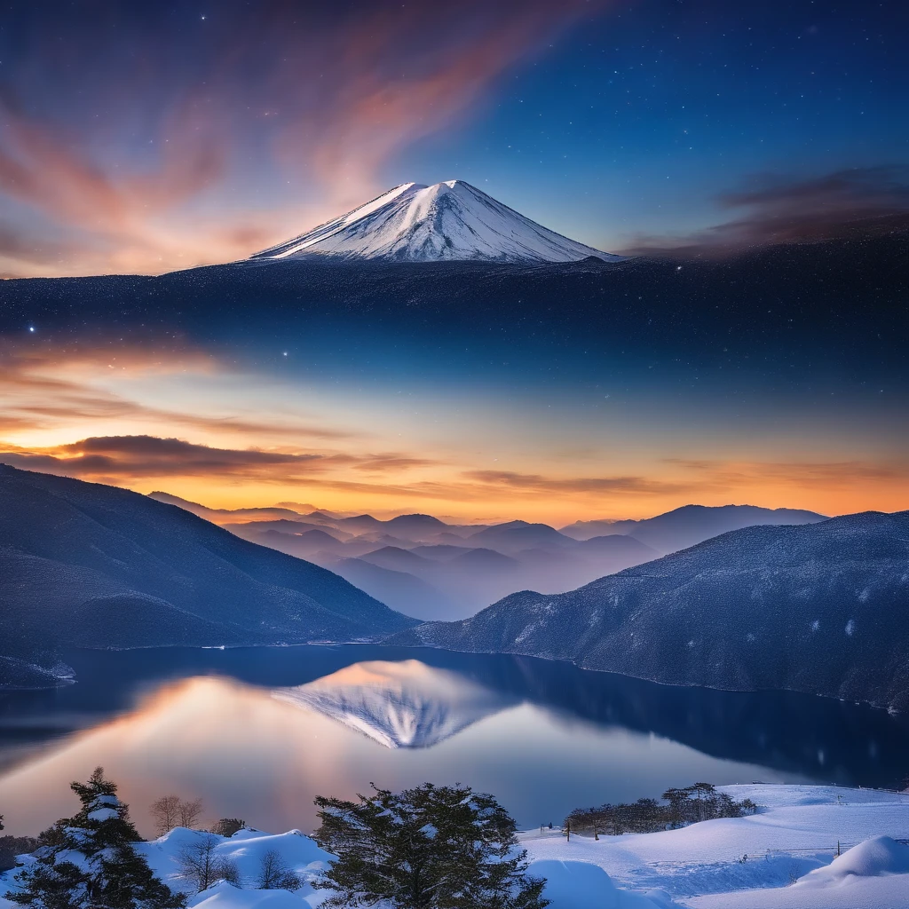 Master Parts、Superior Quality、superior image quality、The 8k quality、Beautiful pictures of the starry sky、magnifica、Arched Milky Way:1.9、Mt fuji、Blue glowing lake:1.9、(snowscape:1.9)