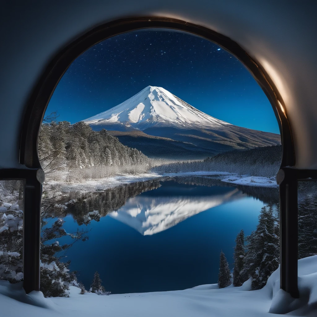 Master Parts、Superior Quality、superior image quality、The 8k quality、Beautiful pictures of the starry sky、magnifica、Arched Milky Way:1.9、Mt fuji、Blue glowing lake:1.9、(snowscape:1.9)