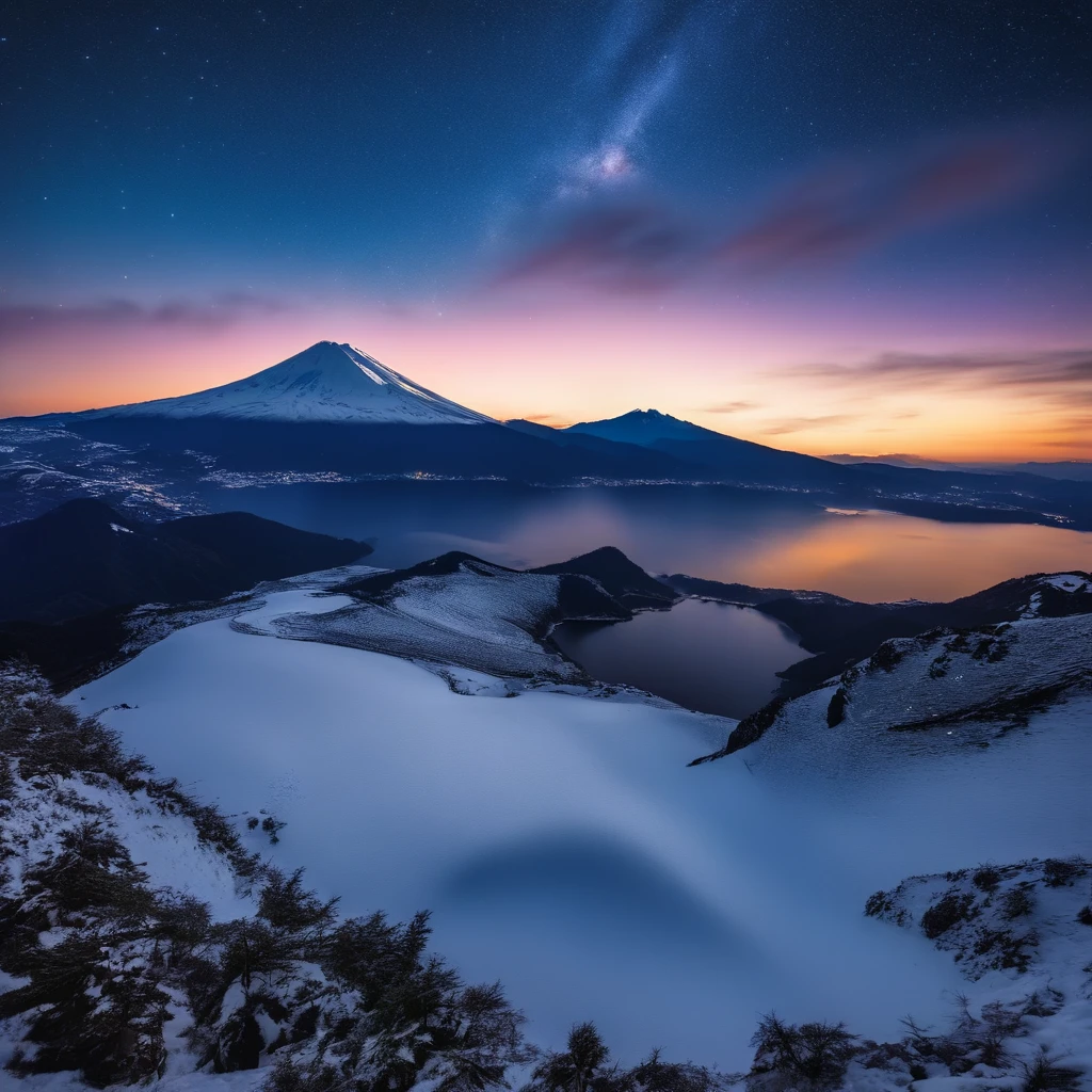 Master Parts、Superior Quality、superior image quality、The 8k quality、Beautiful pictures of the starry sky、magnifica、Arched Milky Way:1.9、Mt fuji、Blue glowing lake:1.9、(snowscape:1.9)