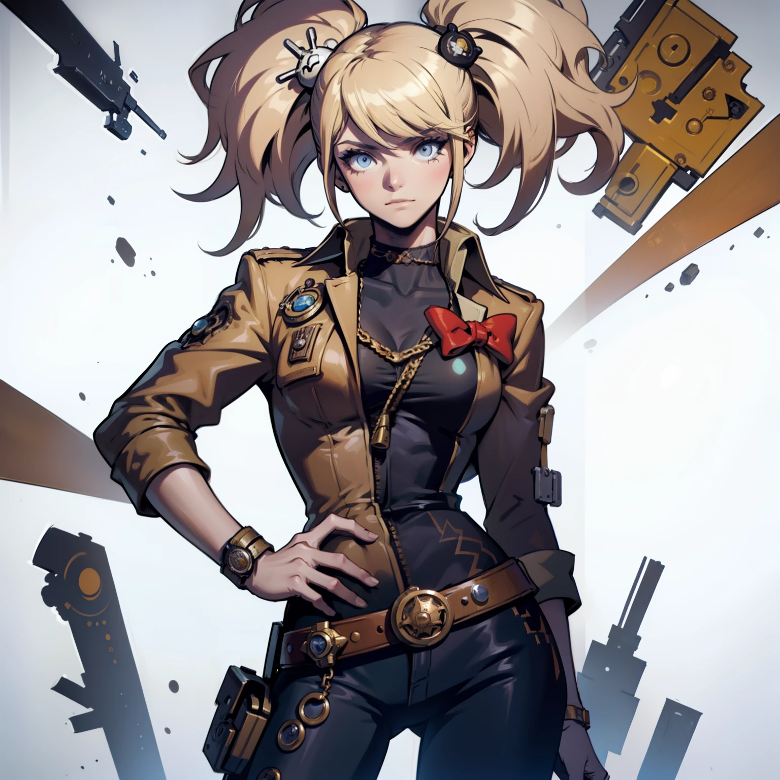 Primer plano de un mujer con un disfraz de pistola, ((arte conceptual del personaje)), ((Character Design Sheet, Mismo personaje, Frente, lado, derriere)) arte de personaje de historia de arce, video game character design, video game character design, chica de pistola de historia de arce, arte conceptual experto de alto detalle, arte conceptual de bala de metal, funny character design, Lucio como mujer, Inspiration of gravity fever, sticky tar. arte conceptual, belt buckle at waist, Pistola Steampunk,