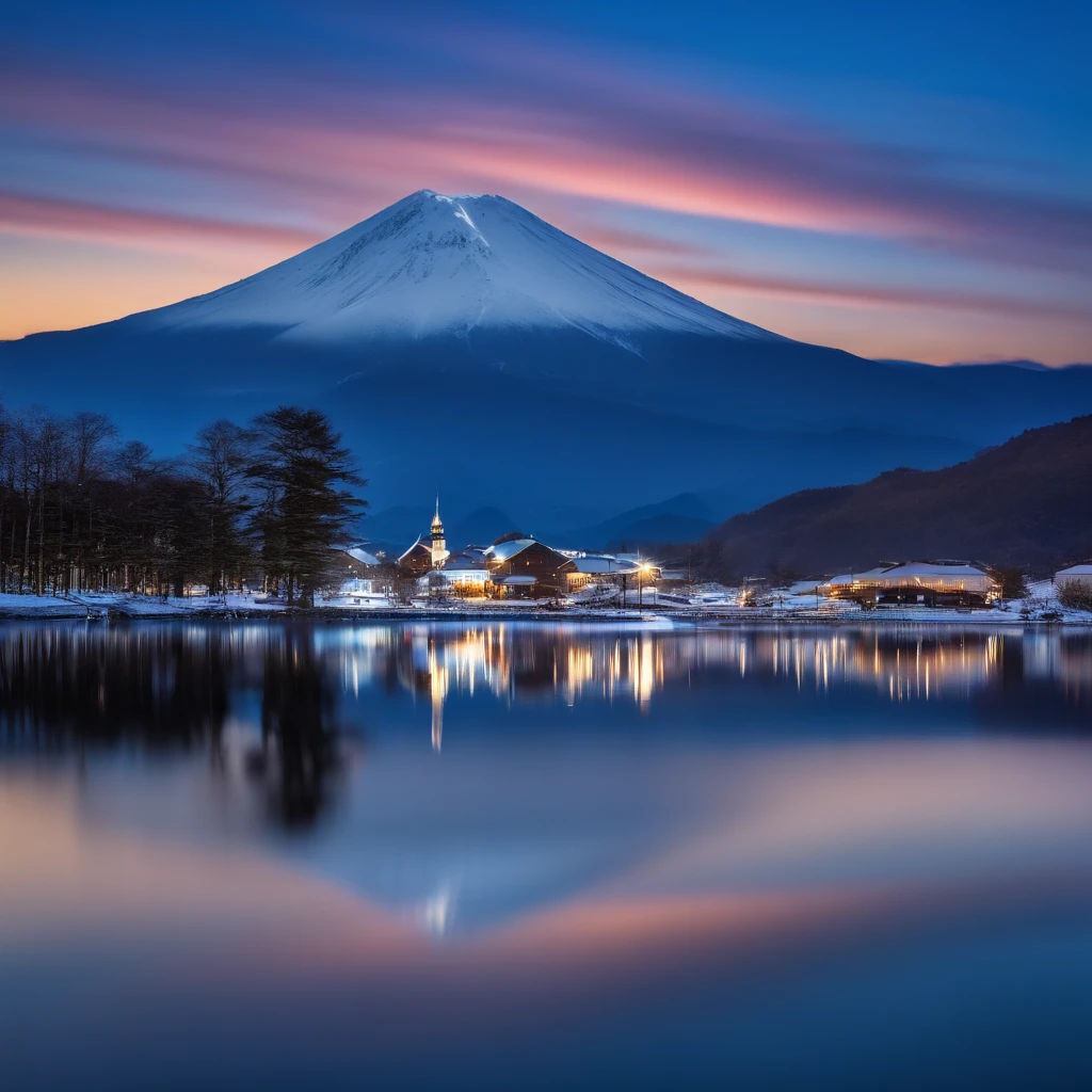 Master Parts、Superior Quality、superior image quality、The 8k quality、Beautiful pictures of the starry sky、magnifica、Arched Milky Way:1.9、Mt fuji、Blue glowing lake:1.9、(snowscape:1.9)