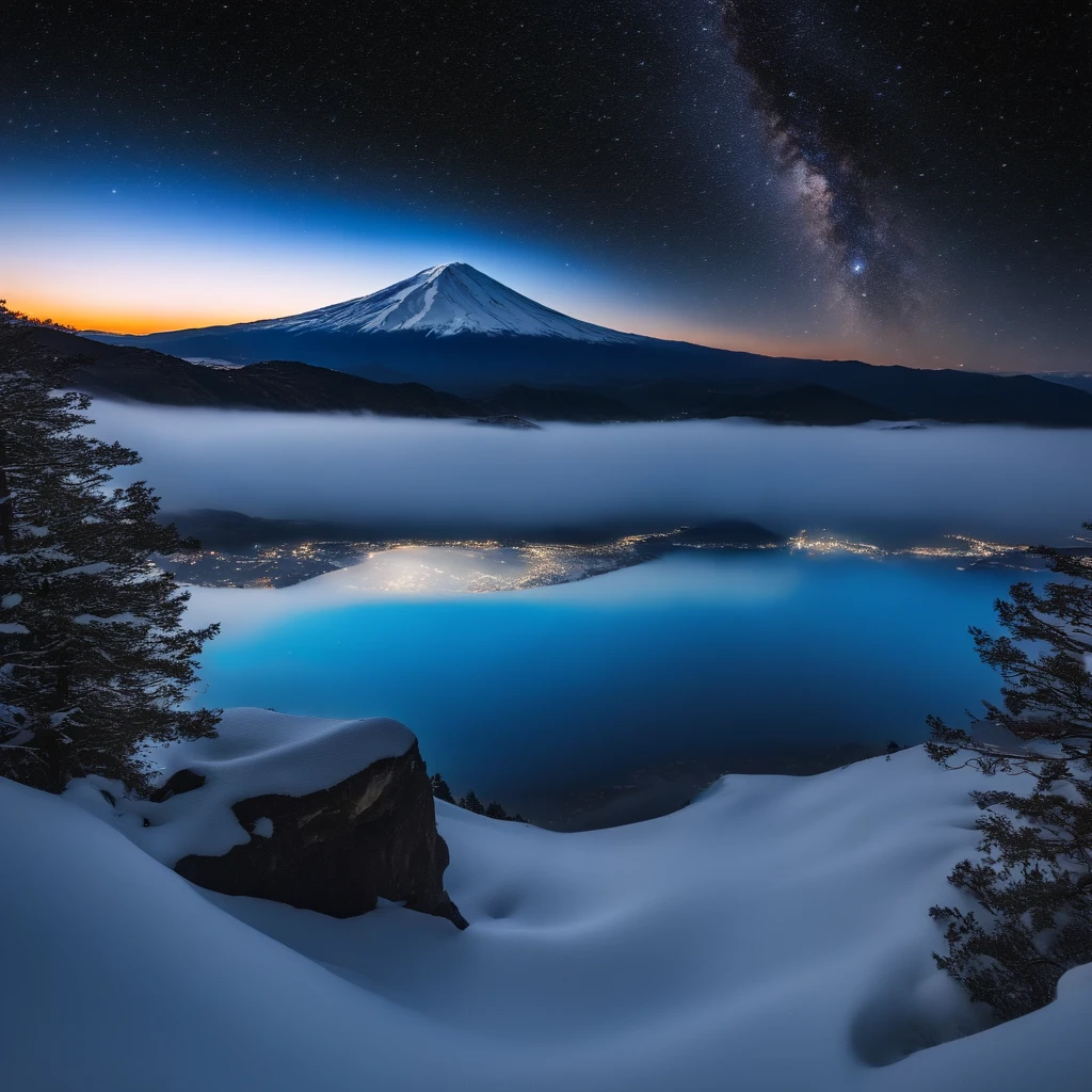 Master Parts、Superior Quality、superior image quality、The 8k quality、Beautiful pictures of the starry sky、magnifica、Arched Milky Way:1.9、Mt fuji、Blue glowing lake:1.9、(snowscape:1.9)