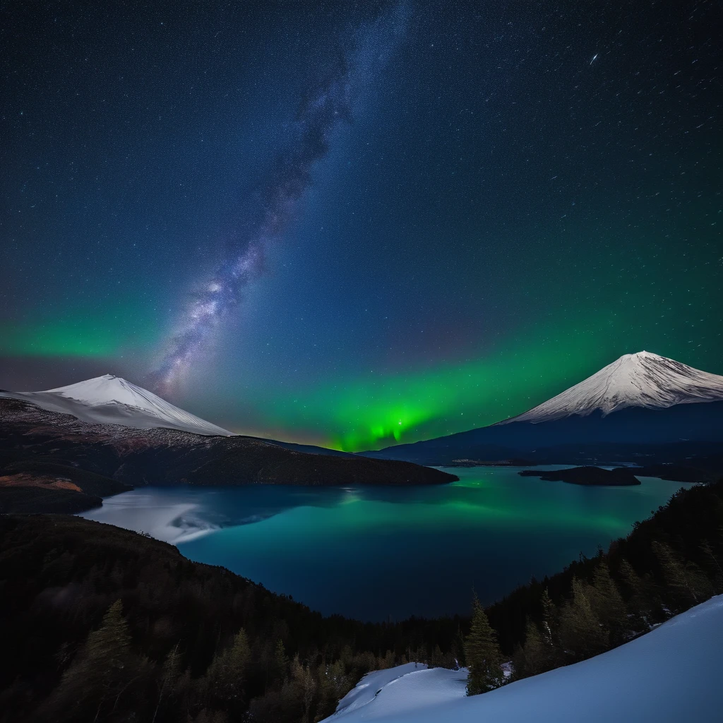 Master Parts、Superior Quality、superior image quality、The 8k quality、Beautiful pictures of the starry sky、magnifica、Arched Milky Way:1.9、Mt fuji、Blue glowing lake:1.9、(snowscape:1.9)