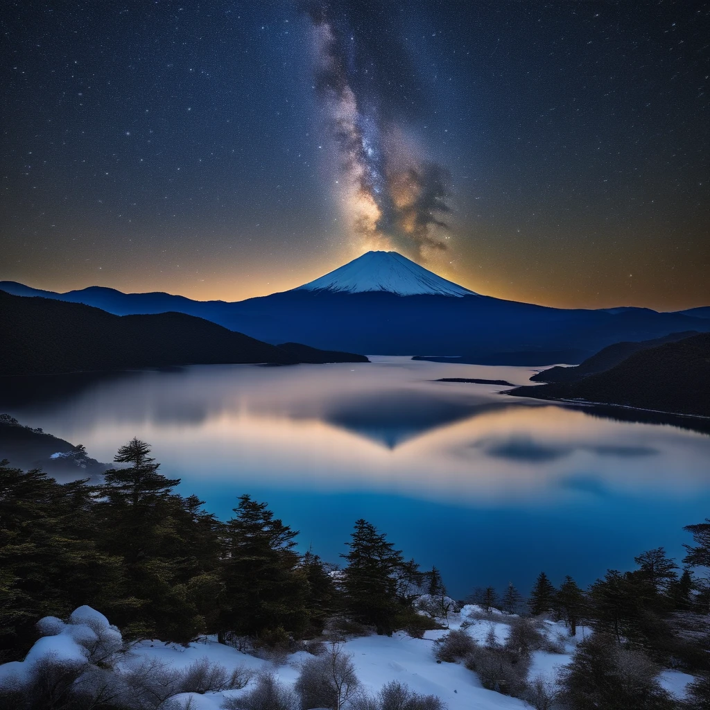 Master Parts、Superior Quality、superior image quality、The 8k quality、Beautiful pictures of the starry sky、magnifica、Arched Milky Way:1.9、Mt fuji、Blue glowing lake:1.9、(snowscape:1.9)