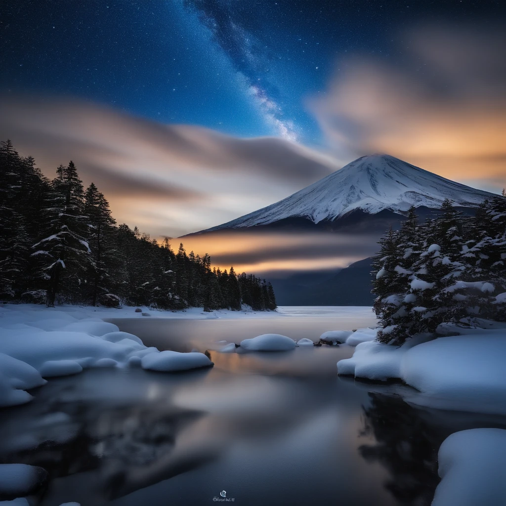 Master Parts、Superior Quality、superior image quality、The 8k quality、Beautiful pictures of the starry sky、magnifica、Arched Milky Way:1.9、Mt fuji、Blue glowing lake:1.9、(snowscape:1.9)