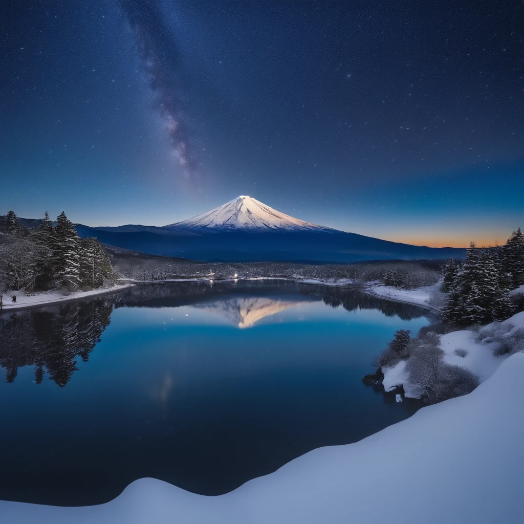 Master Parts、Superior Quality、superior image quality、The 8k quality、Beautiful pictures of the starry sky、magnifica、Arched Milky Way:1.9、Mt fuji、Blue glowing lake:1.9、(snowscape:1.9)