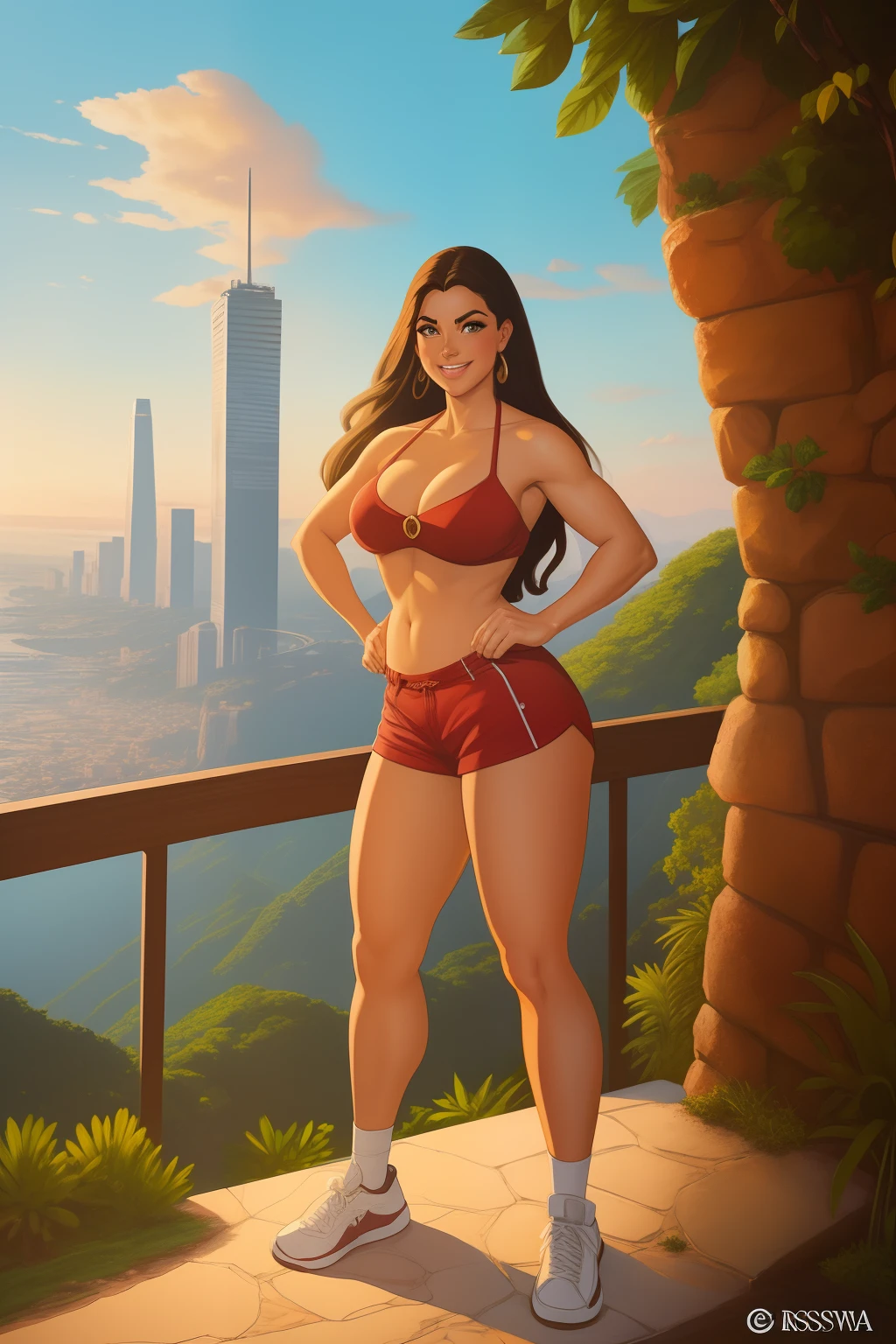 (SFW)Inspirado na arte de John Buscema,1 garota, cabelos encaracolados longos, pelos castanhos, olhos negros, corpo delgado, middlebreasts, sorridente, usando uma camiseta de mangas brancas, shorts rasgados, Foot sneakers, standing posing, apreciando a vista, de cima de uma escadaria de um parque florestal, cena detalhada, cena perfeita,(SFW)