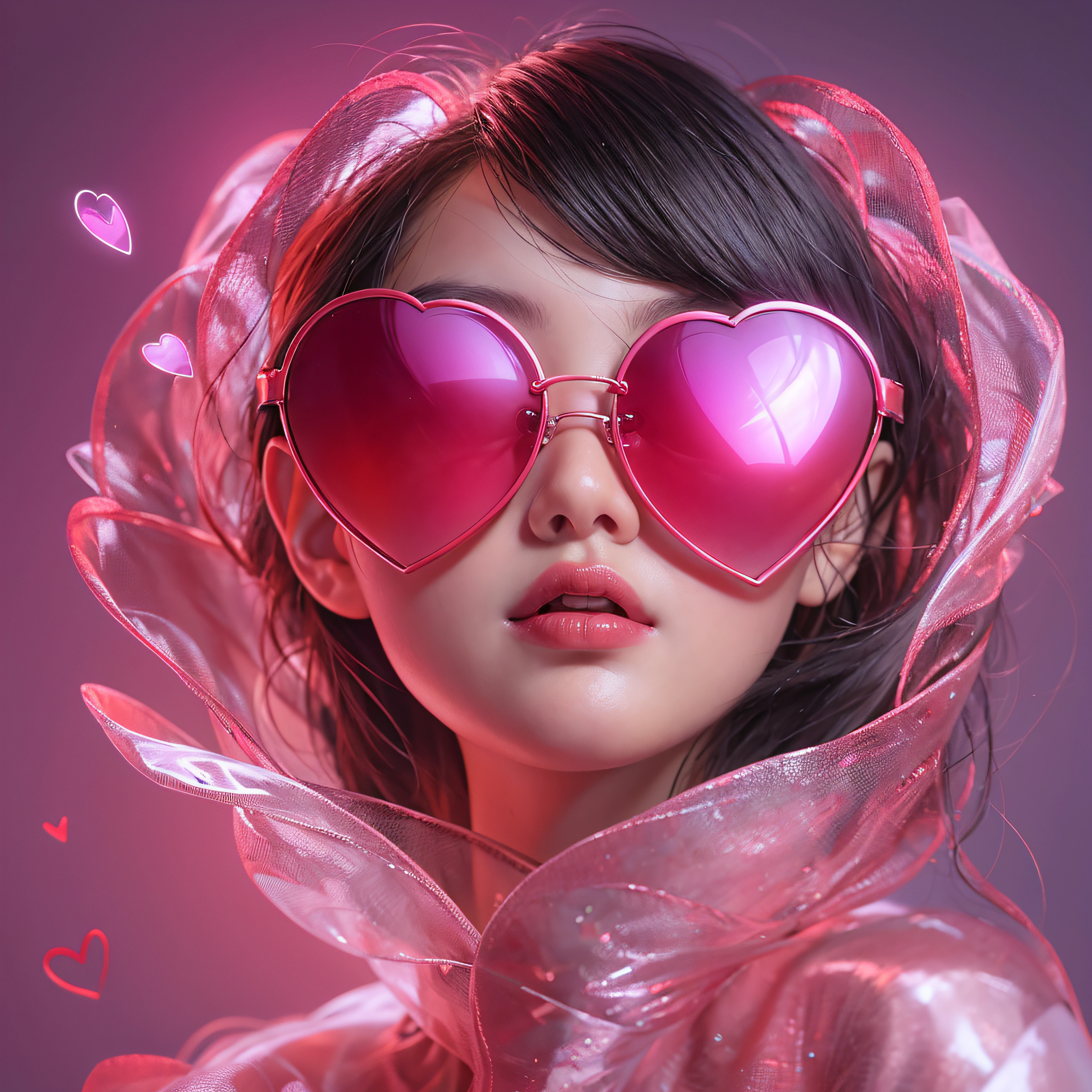Heart-shaped pink sunglasses、Close-up of laughing face、Designer、super model、makeup、Glossy lips、Shining eyes、(realisitic、hight resolution)、(1 girl in)、Do-Up Eye、Korean Girl、(Best Quality), (masutepiece), (1girl in), Solo, a beauty girl, Perfect face, dreamlikeart、Highly detailed airbrush art((Surreal))、Volumetric lighting、(top-quality)、The ultra-detailliert、Highly detailed colorful details、(Bright lighting)、dynamic compositions、Ray traching、The mirror reflects light、Shallow depth of field、ultra-detailliert、mixing  exposure、nffsw、Her eyes are glowing pink、Pink glowing 3D heart on background、Pink glowing heart on background