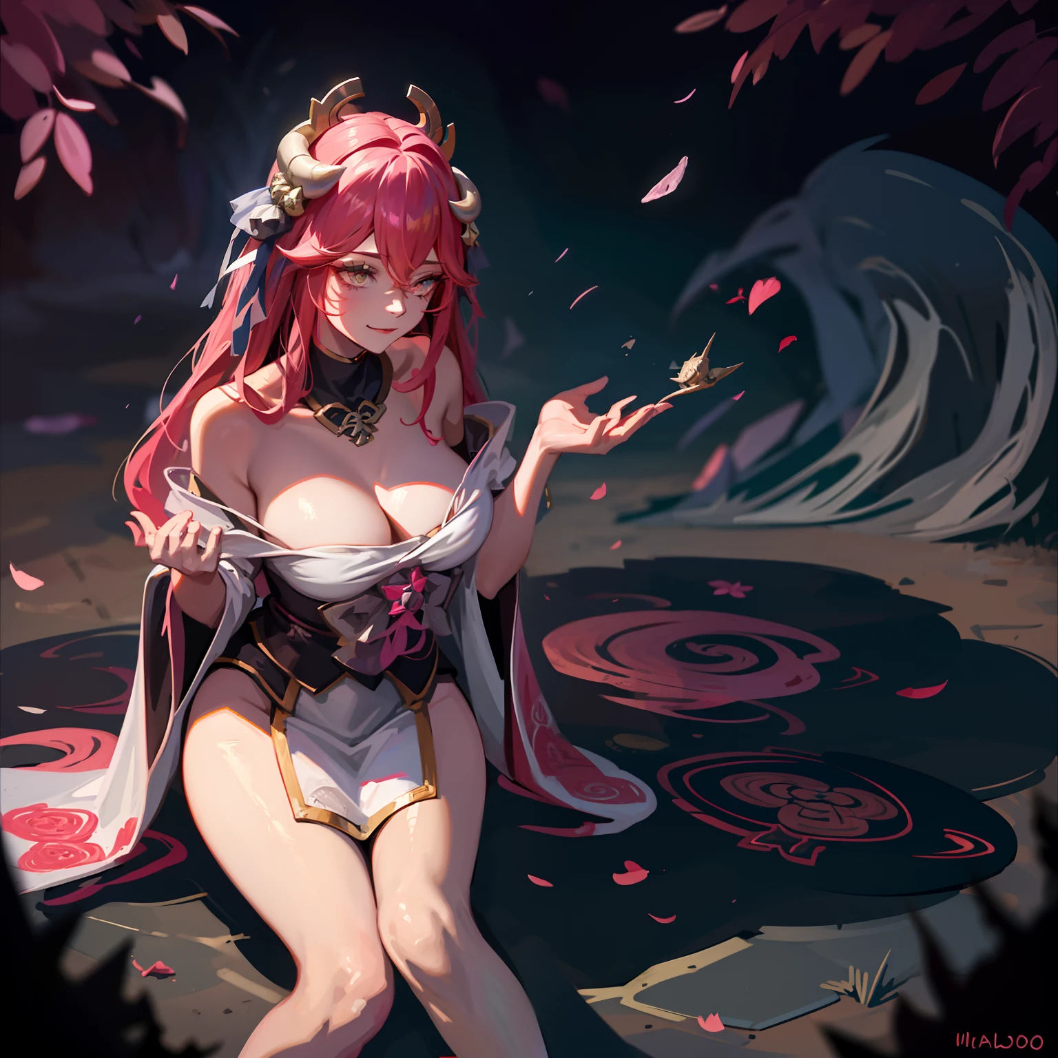 A female demon with cat ears, Elf ears and black demon horn, ((orelhas de elfo)), ((demon horn)), (orelhas de gato)), cabelo cor-de-rosa extremamente longo, ((Cabelo cor-de-rosa)), White eyes of the demon, ((olhos brancos)), vestido de gala preto longo volumoso e lindo molhado, Dirty beach with glass and garbage on the abandoned ground and with corvus.
