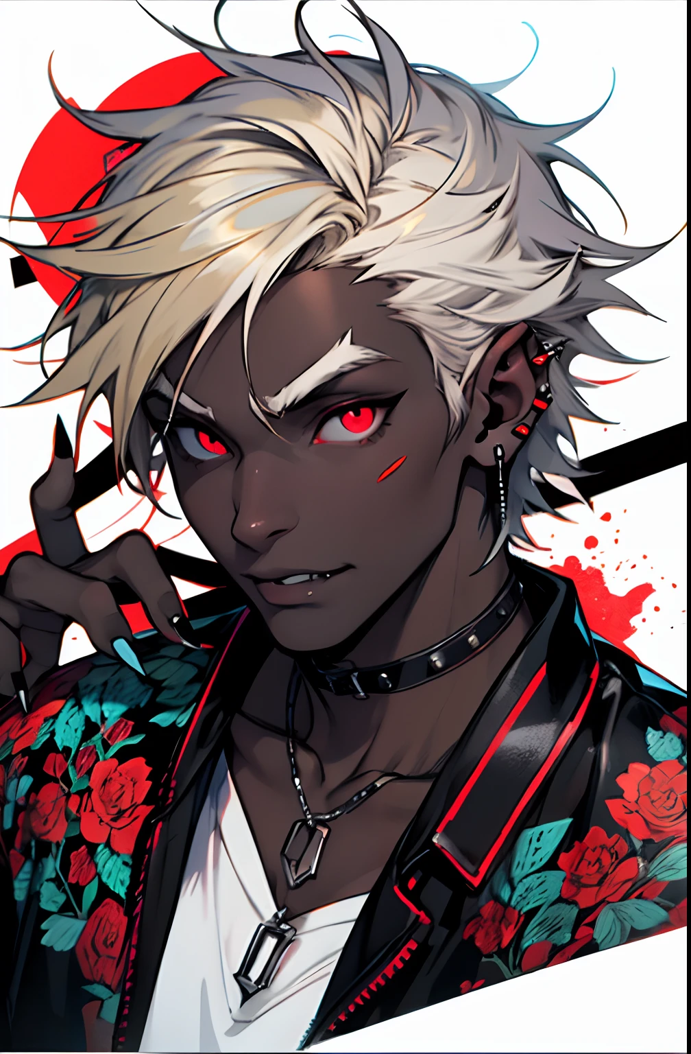 1boys，Single person，Young men，l vampire，fang，Y2K，Emo style，non-mainstream，Mines are boys，Harajuku style，Exaggerated dressing，Intricate ornaments，Rock style，Gothic style，rivet，ear studs，One-sided earring, pale blonde hair，silver ring，dark-skinned, dark-skin male, glowing red eyes, black fingernails, white background